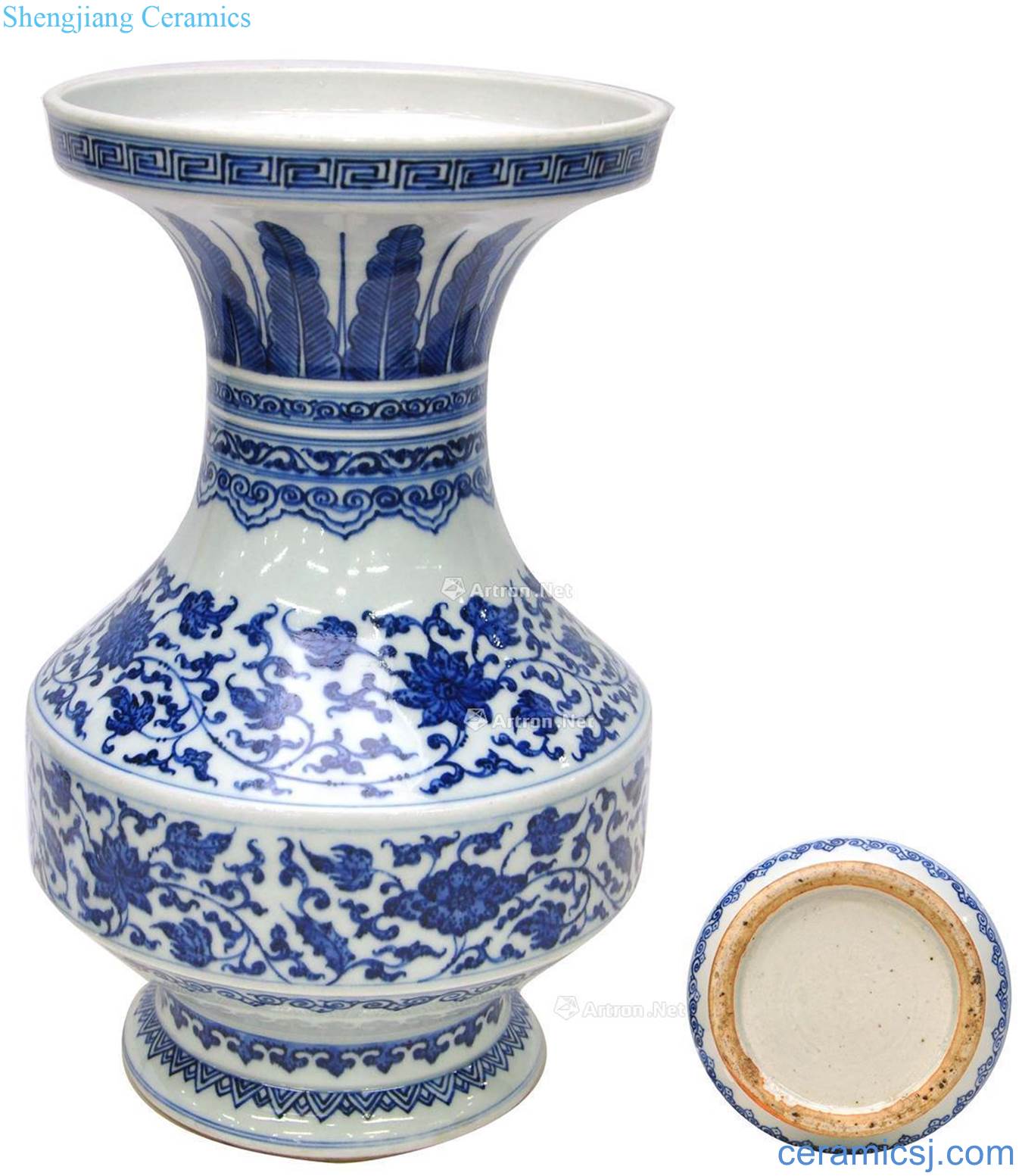 qing Lotus flower vase with blue and white tie up branches