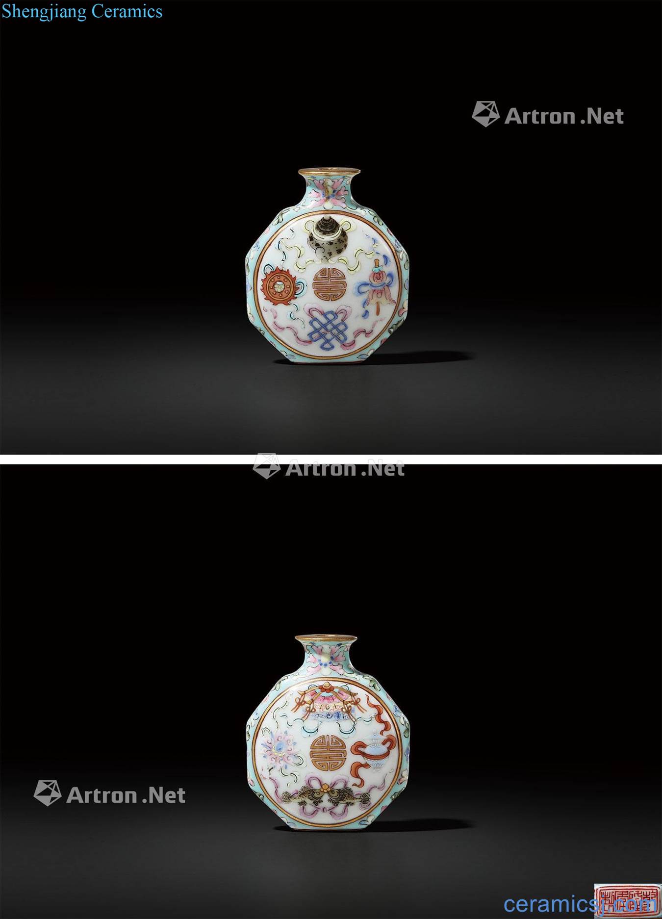 Qing qianlong carved turquoise green enamel paint medallion eight auspicious grain snuff bottles
