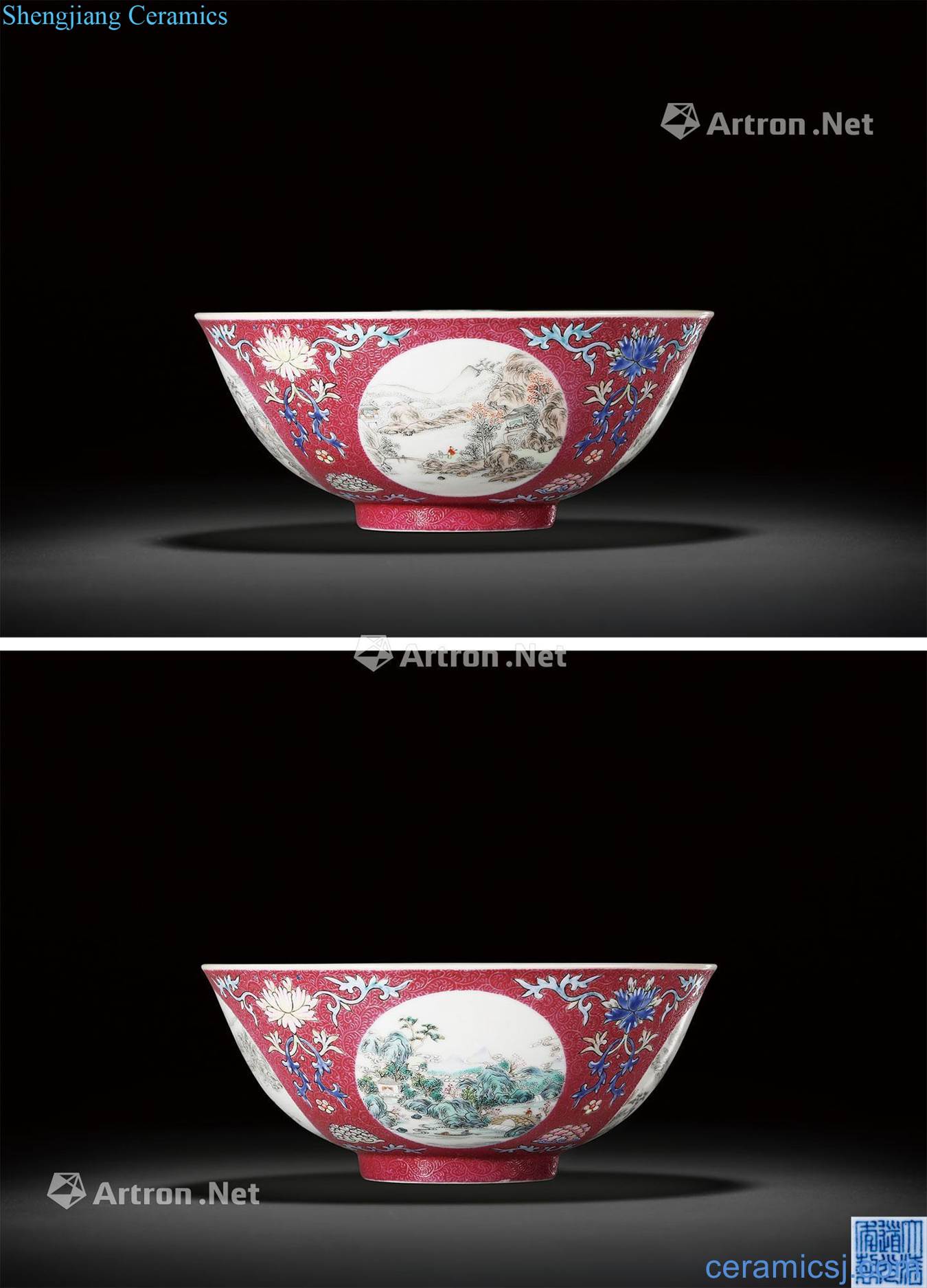 Qing daoguang Carmine in the rolling way far scenery figure bowl