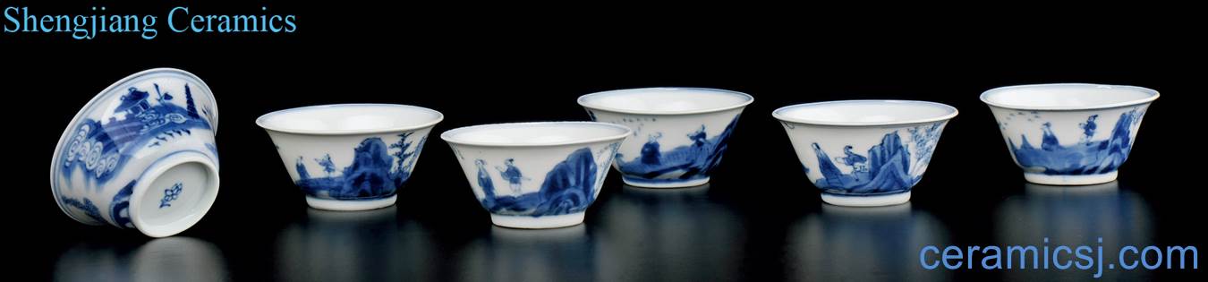 The qing emperor kangxi Blue and white landscape character lines left koubei (six)