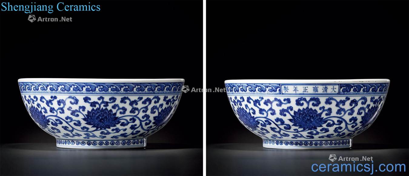 Qing yongzheng Blue and white tie up branch passionflower wave grain big bowl