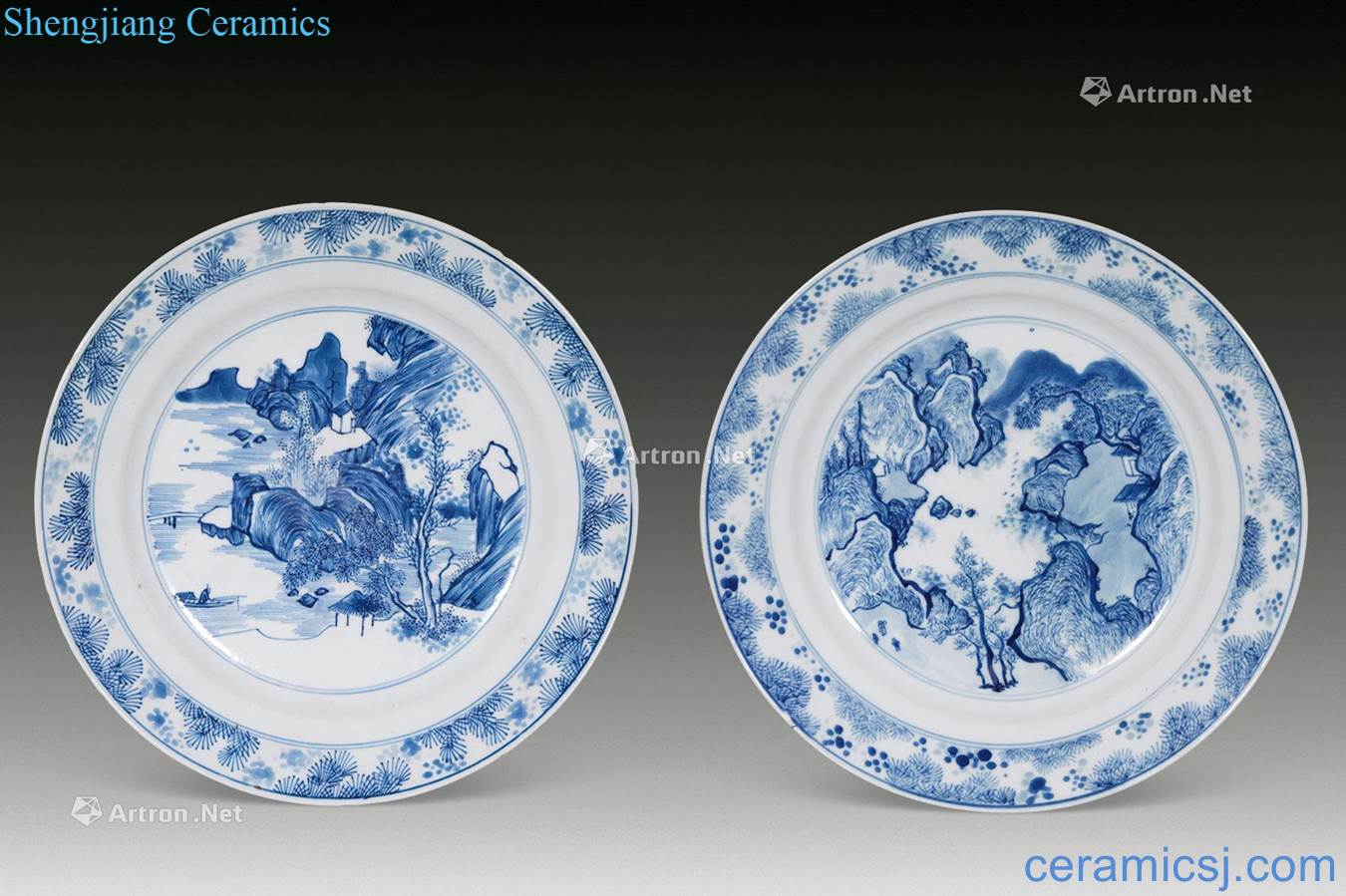 qing Blue and white landscape character plate (a)