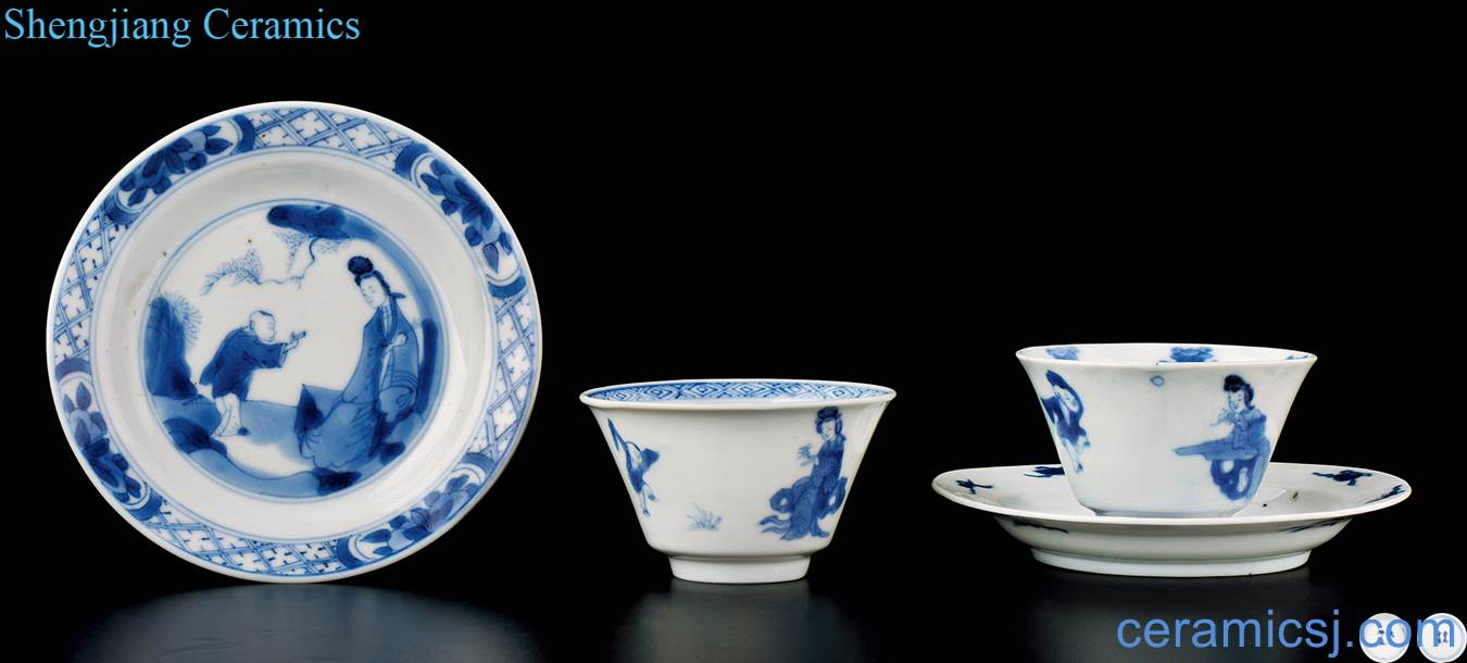 The qing emperor kangxi Blue and white three niang godson figure cup even Joe (2 sets)