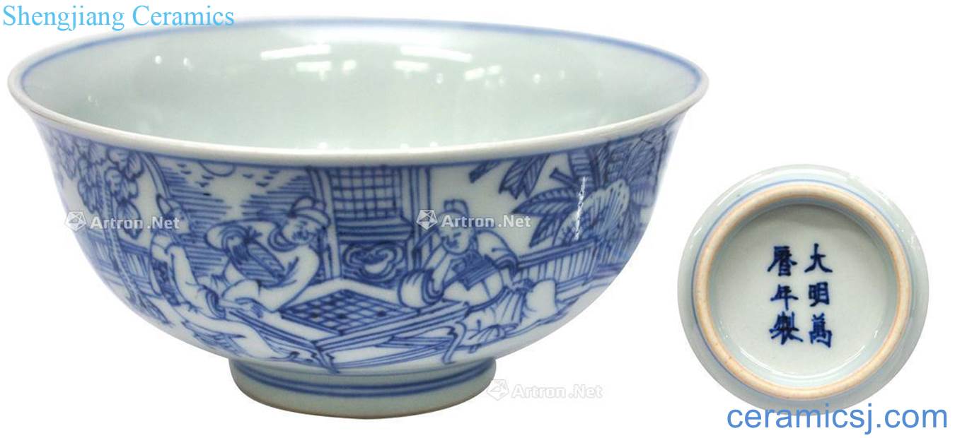 Ming wanli Blue and white bowl of light tracing characters