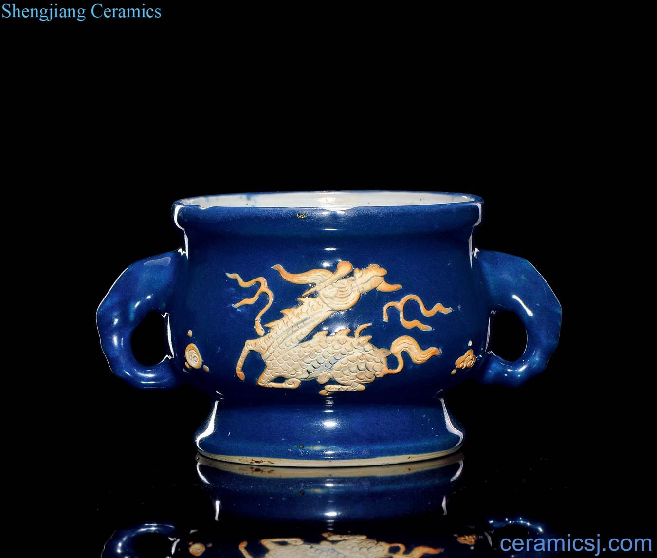 In hongzhi the blue glaze paste plastic benevolent grain double elephant censer