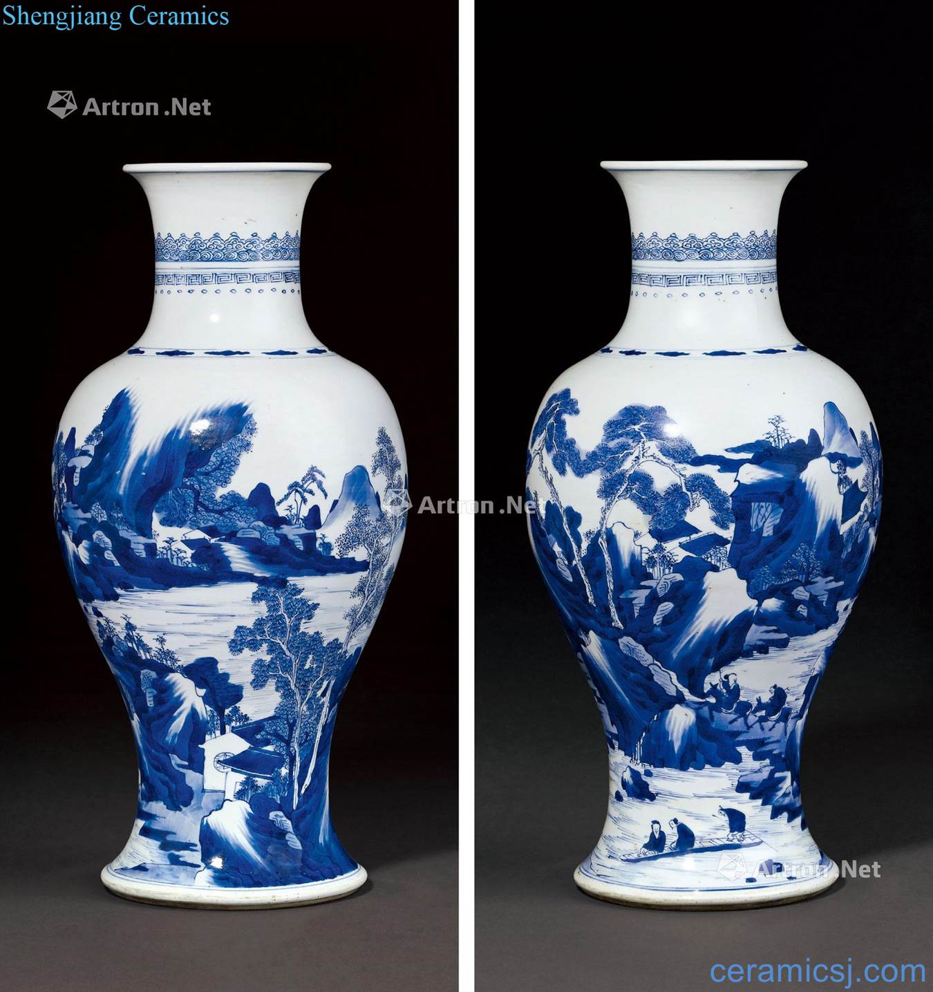 The qing emperor kangxi Blue and white landscape figure goddess of mercy bottle