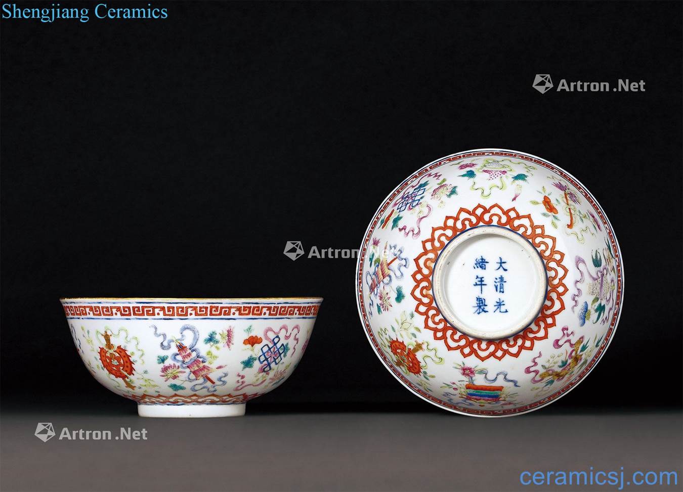 Pastel eight auspicious green-splashed bowls reign of qing emperor guangxu (a)