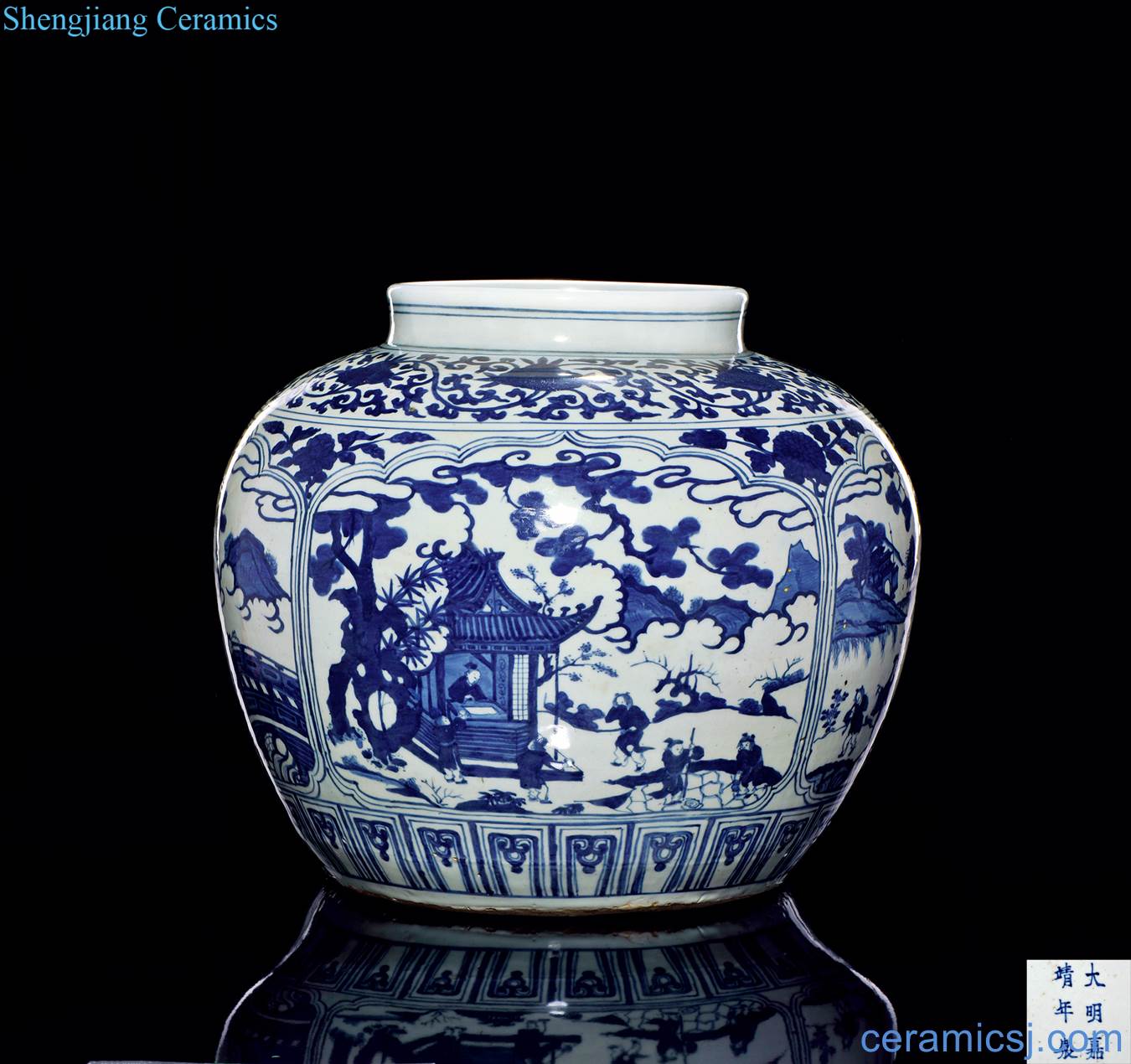 Ming jiajing Stories of blue and white window figure large tank