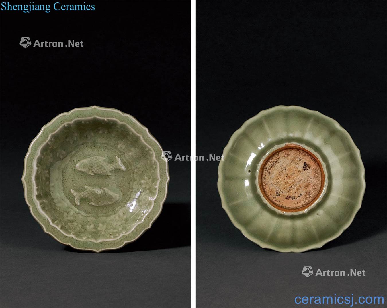Mid-term tomorrow morning Longquan celadon green glaze stamps Pisces wen ling mouth tray