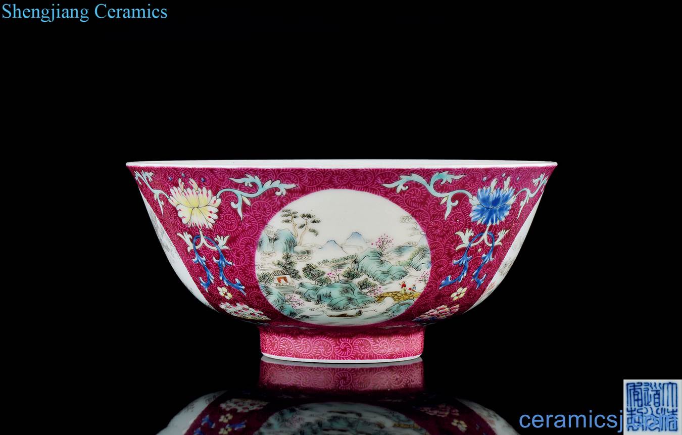Qing daoguang Rouge purple ground rolling way medallion pastel scenery figure bowl