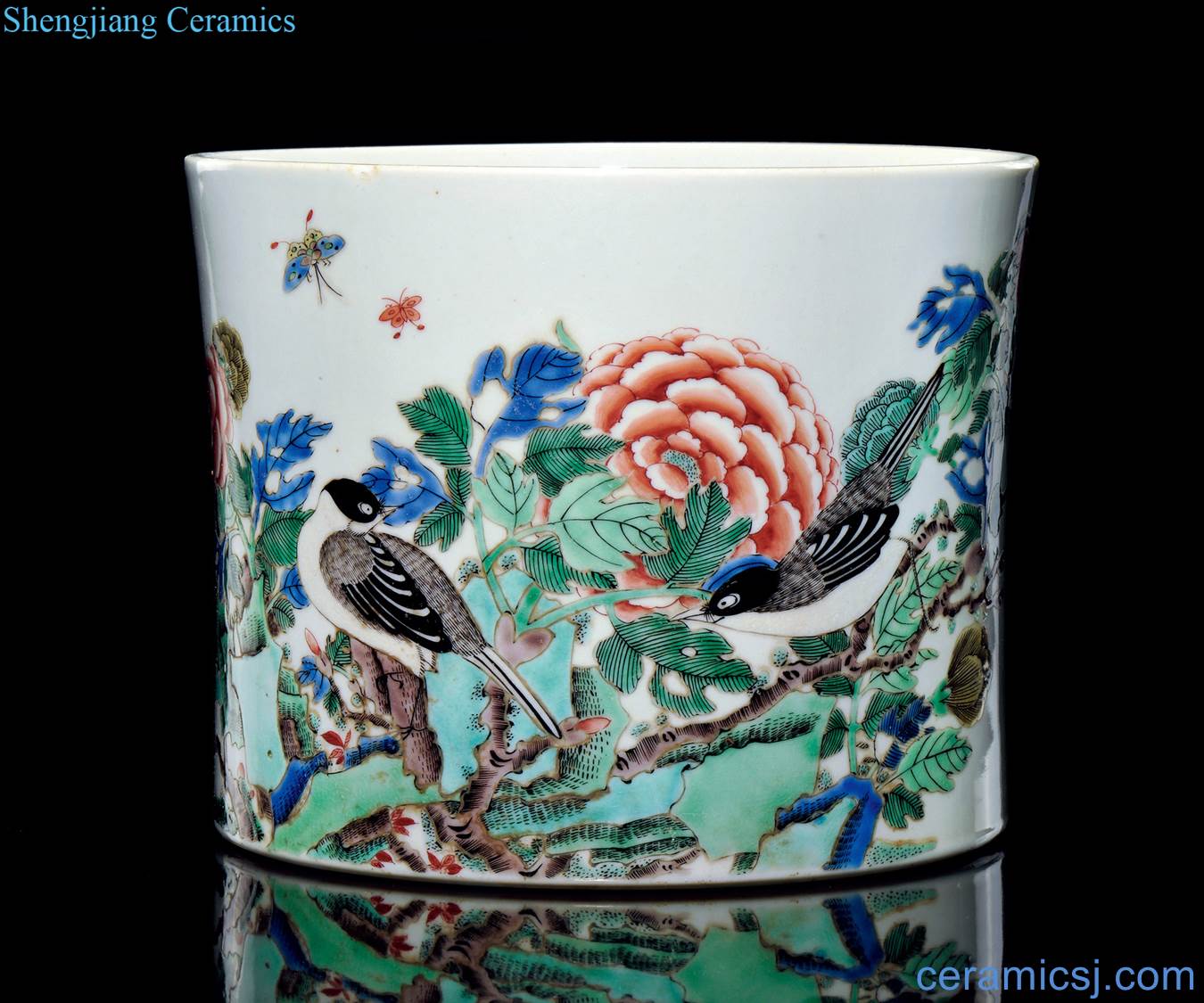 qing Colorful flowers and birds grain brush pot