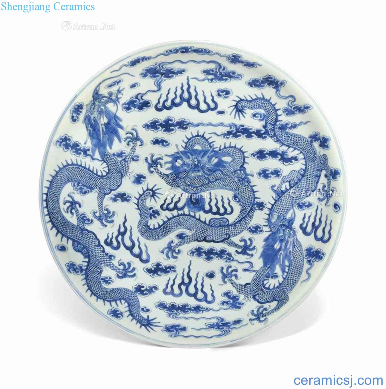 Qing guangxu Blue and white dragon pearl tray