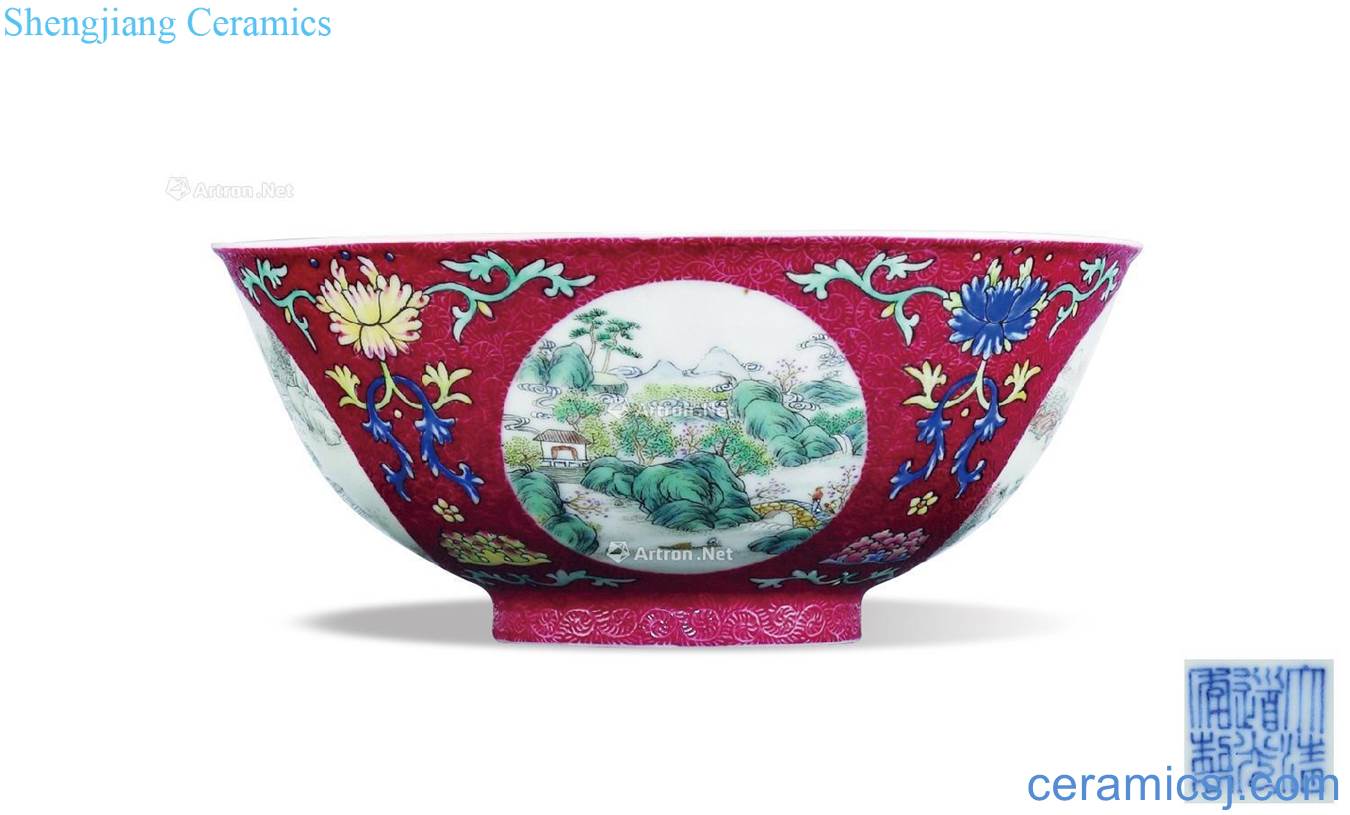 Carmine famille rose medallion landscape green-splashed bowls
