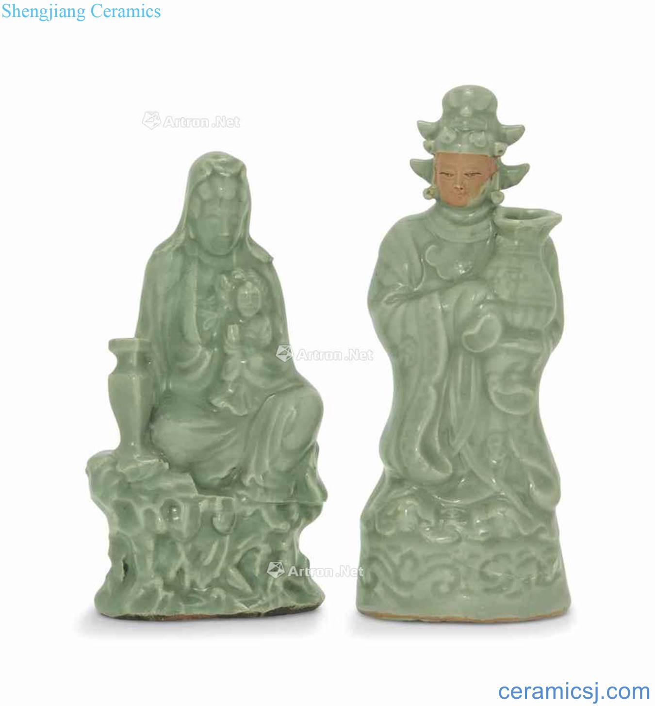 Ming Longquan green glaze the queen stands resemble and guanyin cave (a set of two)