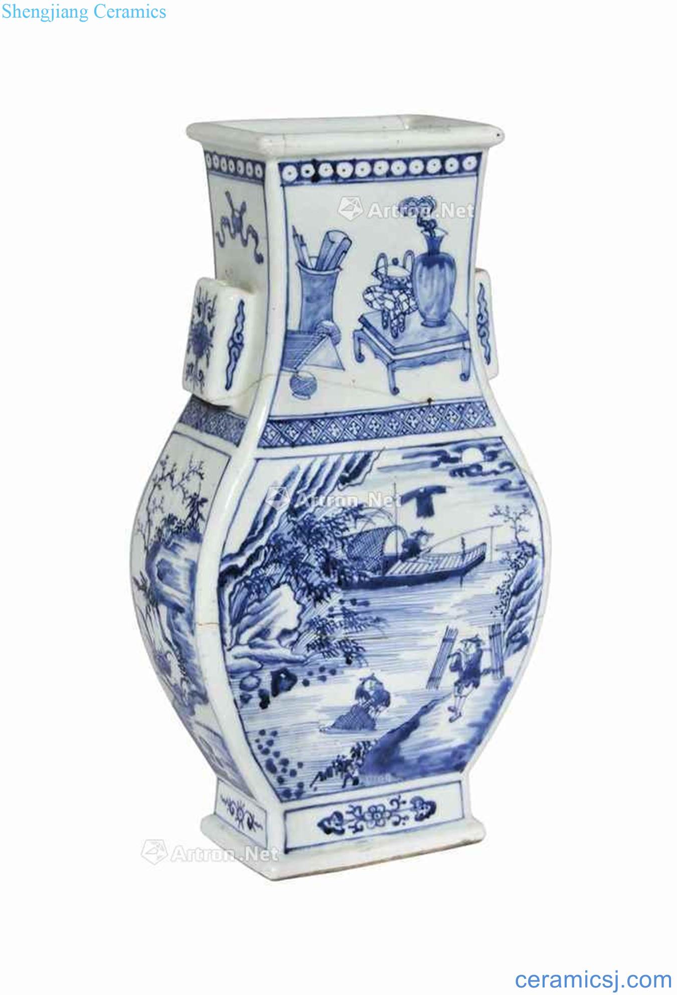 The qing emperor kangxi Blue and white vase with a consistent landscape characters
