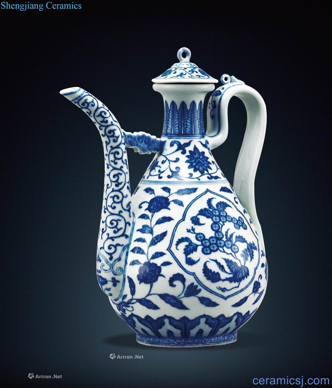 Blue and white medallion grain ewer flowers