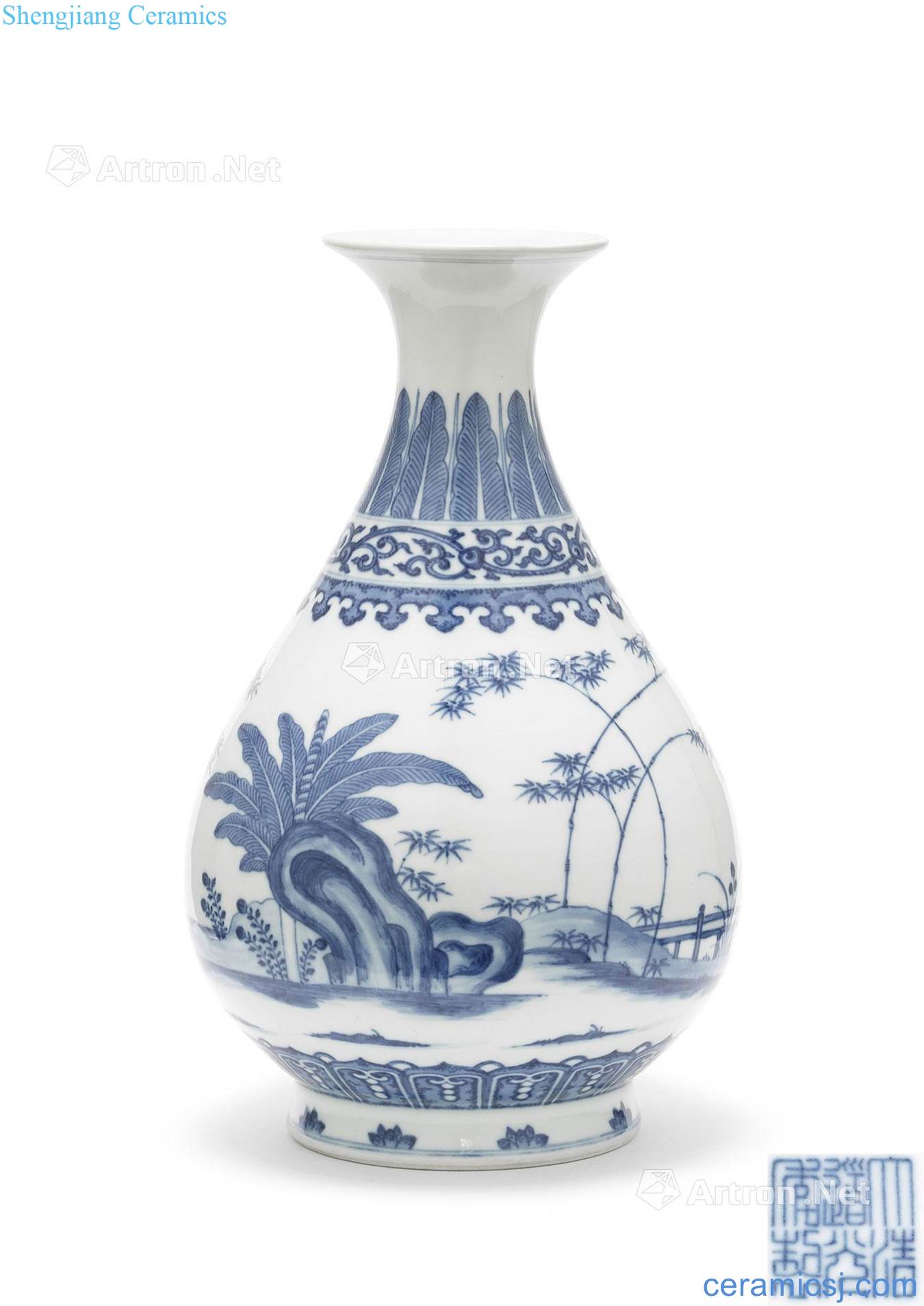 Qing daoguang Blue and white bamboo stone plantain grain okho spring bottle