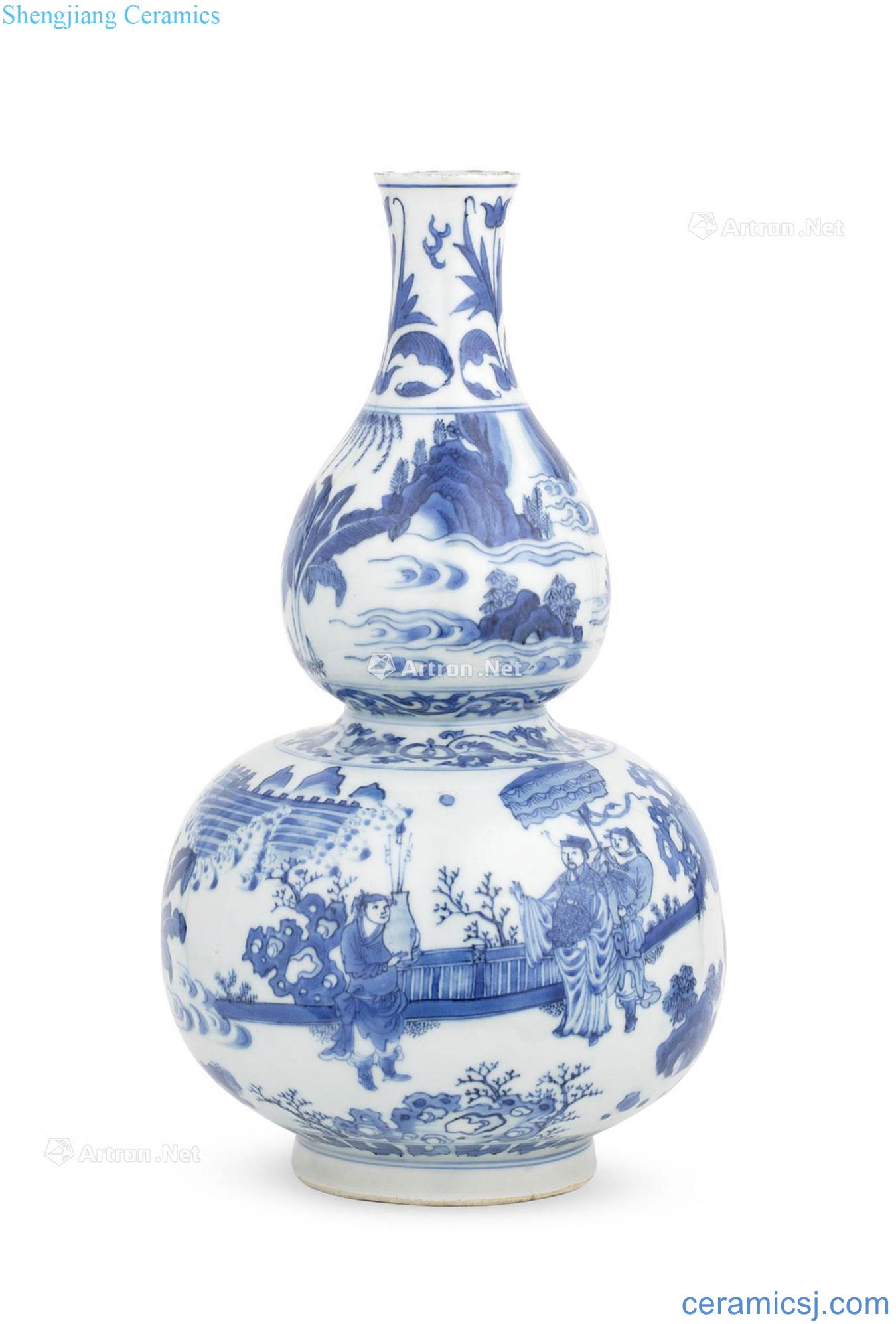 Ming chongzhen Blue and white flat level 3 bottle gourd