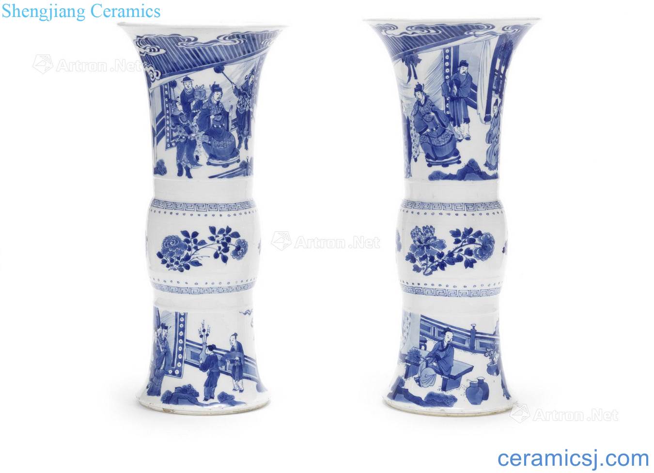 The qing emperor kangxi story figure flower vase with a pair of blue and white characters