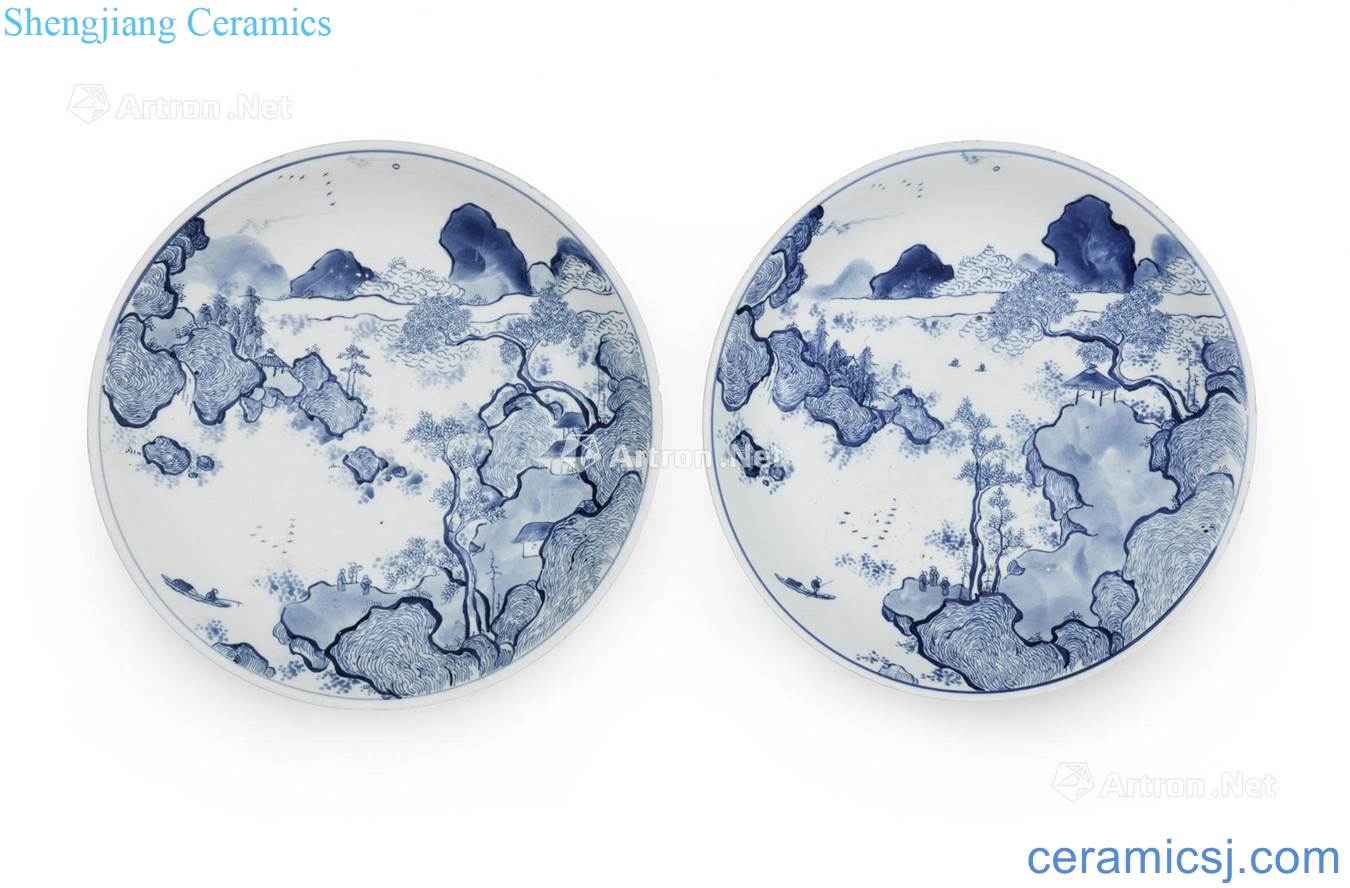 Blue and white, and the qing emperor kangxi Cun scenery figure A pair of