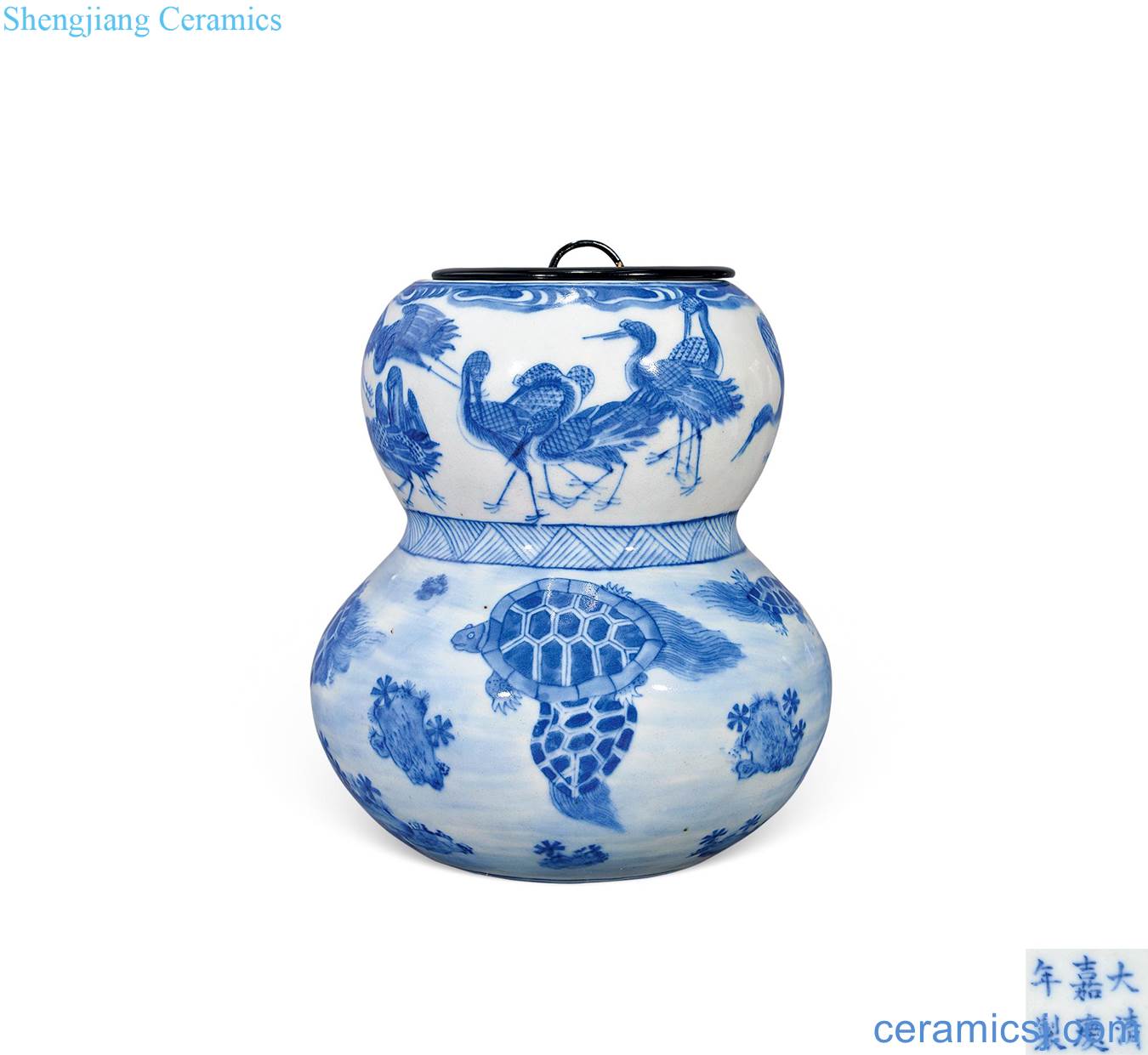 Qing jiaqing Blue and white cranes gourd bottle
