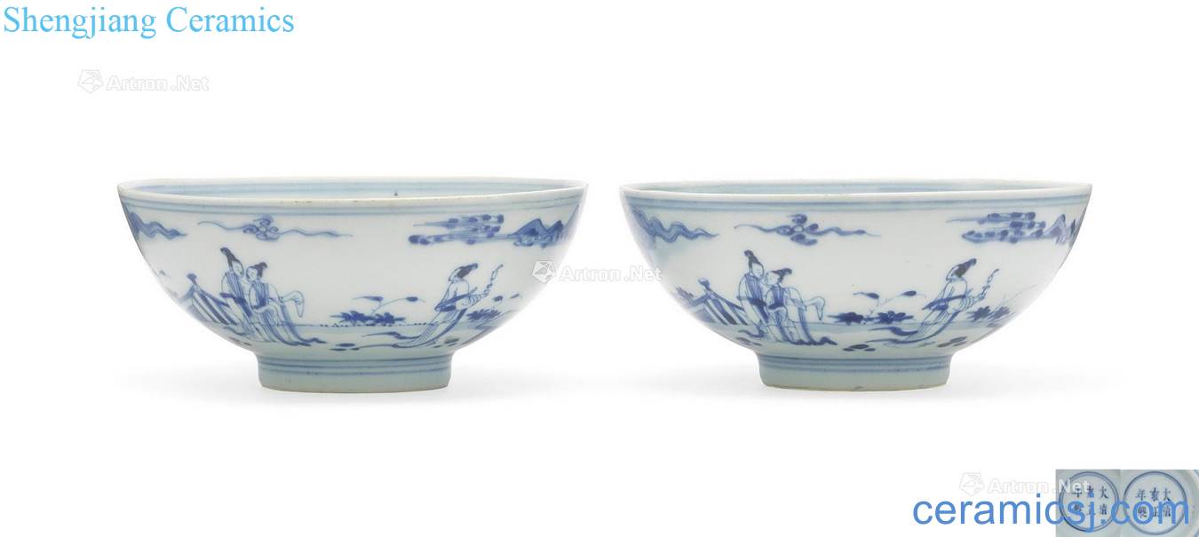 Qing yongzheng Blue and white figure 盌 worship pavilion A pair of