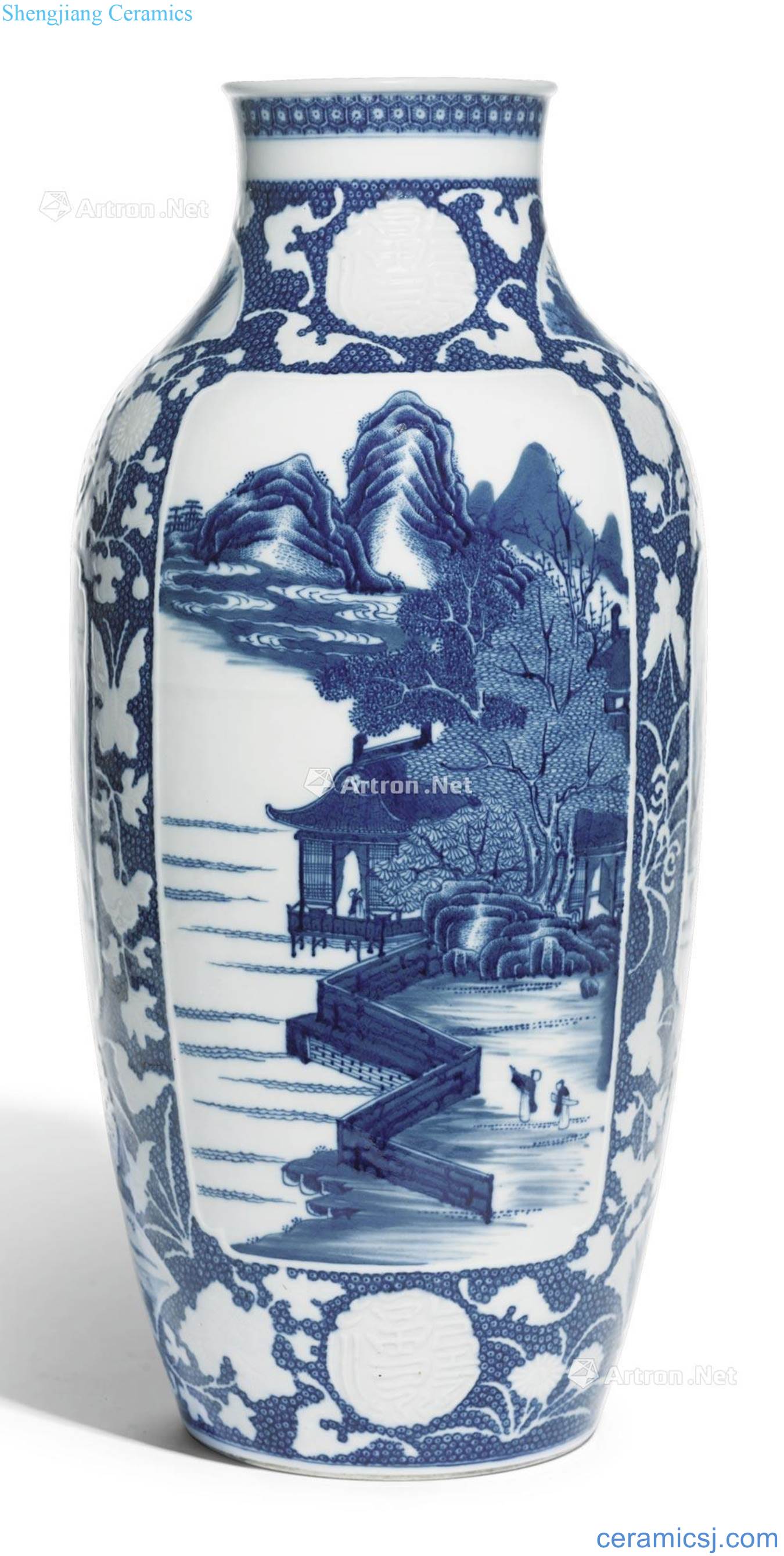 Qing qianlong Blue and white medallion landscape grain bottle