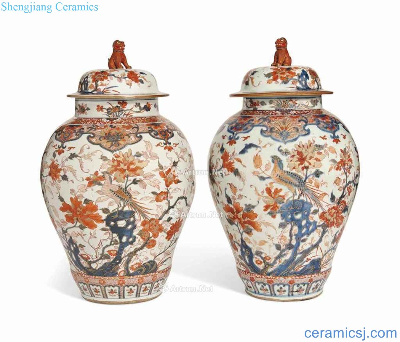The qing emperor kangxi red paint golden pheasant alum flowers lines cover canister (a)