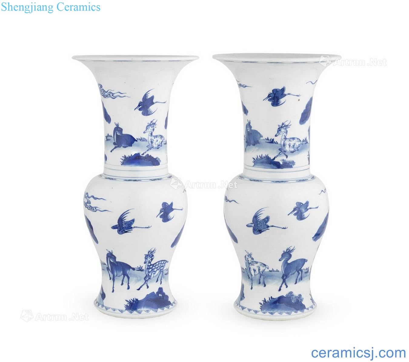 The qing emperor kangxi Blue and white crane deer with spring PND tail-on statue A pair of