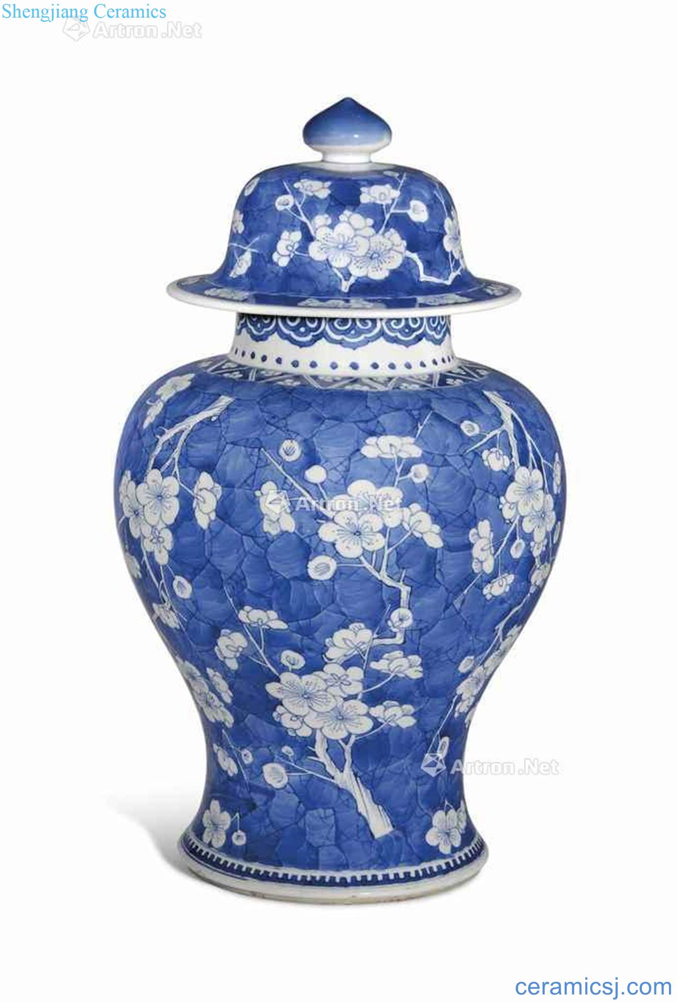 The qing emperor kangxi Blue and white plum lines cover tank