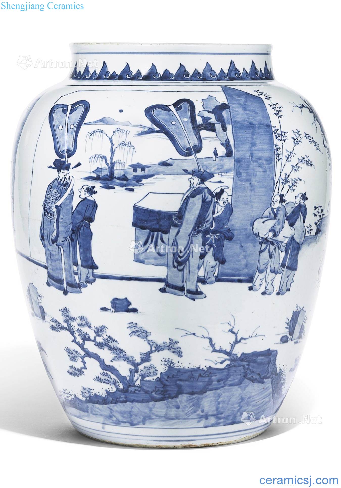 Qing shunzhi/early kangxi Blue and white landscape character figure large tank