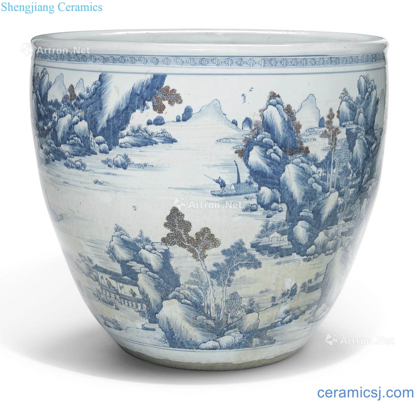 Qing in the eighteenth century Blue and white youligong landscape print cylinder