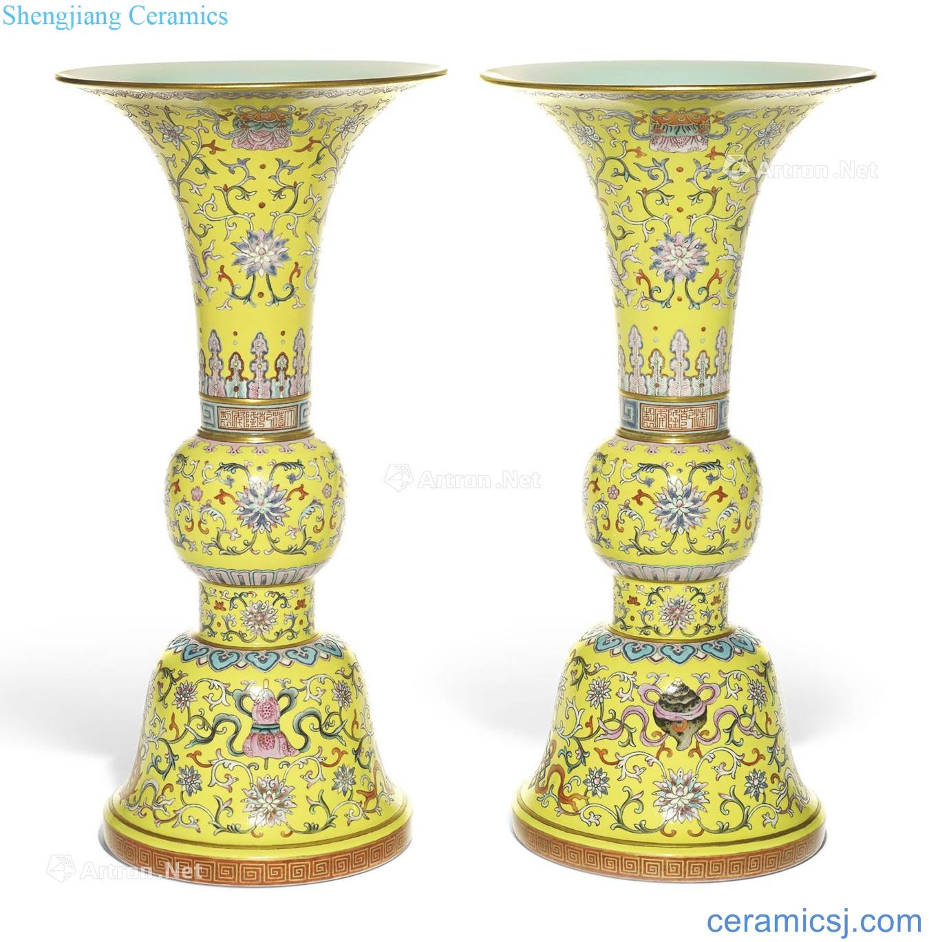 Eight guylian wen qing qianlong to pastel yellow flower vase with (a)
