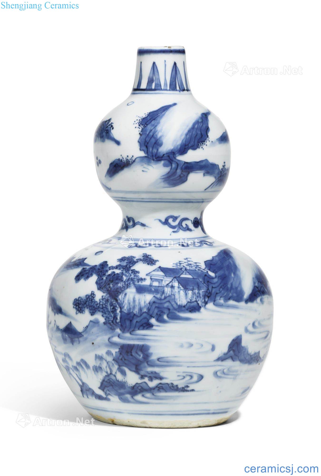 In the 17th century Blue and white landscape character figure gourd bottle