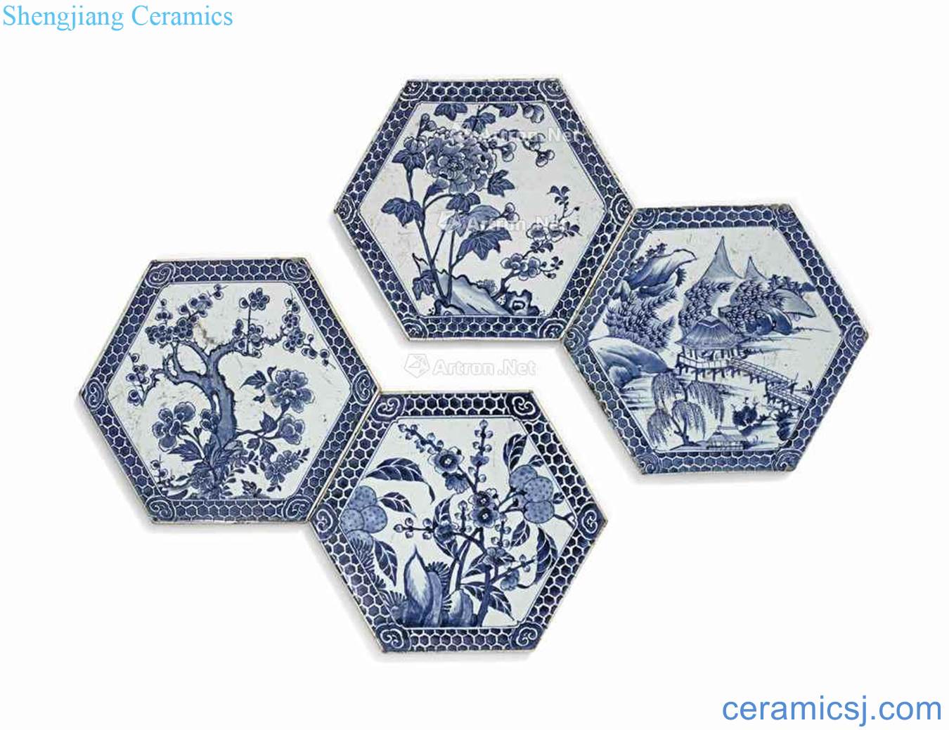 In the 18th century qing Blue and white flower grain six prismatic porcelain plate (a group of four pieces)