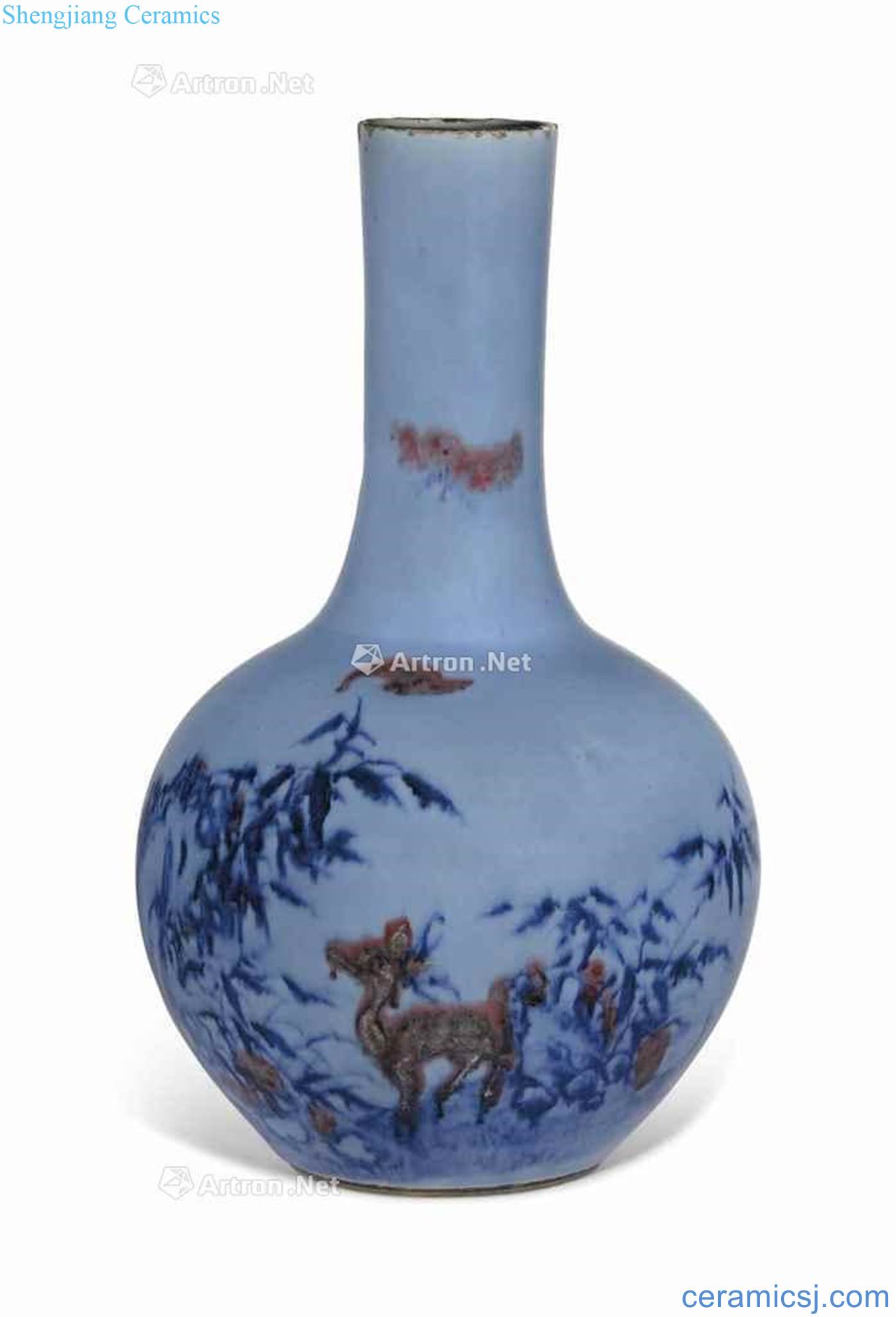 In the 18th century qing Sky blue, blue and white youligong ferro double span flask