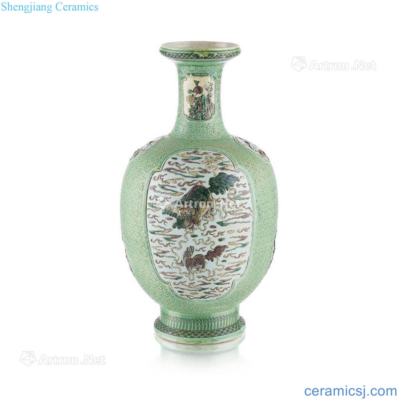 The QING DYNASTY, the 19 th CENTURY FAMILLE VERTE BISCUIT - GLAZED RELIEF - DECORATED BALUSTER VASE
