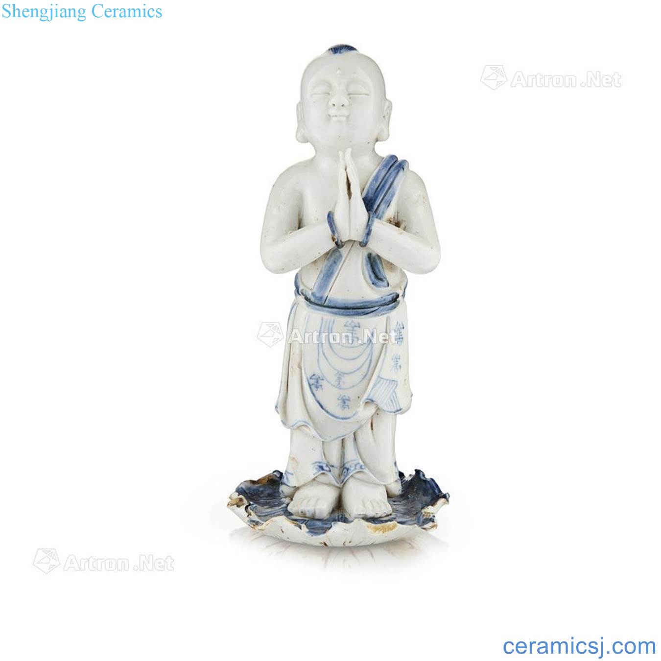 MING DYNASTY, WANLI PERIOD BLUE AND WHITE FIGURE OF A BUDDHIST ACOLYTE