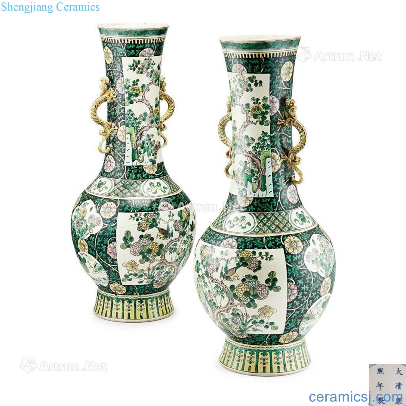KANGXI MARK BUT 19 th CENTURY PAIR OF EXCEPTIONALLY LARGE FAMILLE VERTE VASES