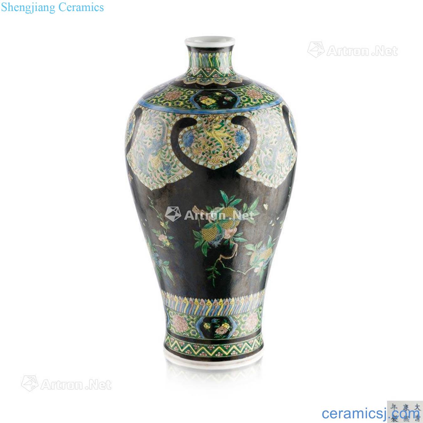 KANGXI MARK BUT LATER FAMILLE NOIRE "THREE ABUNDANCES" VASE, MEIPING