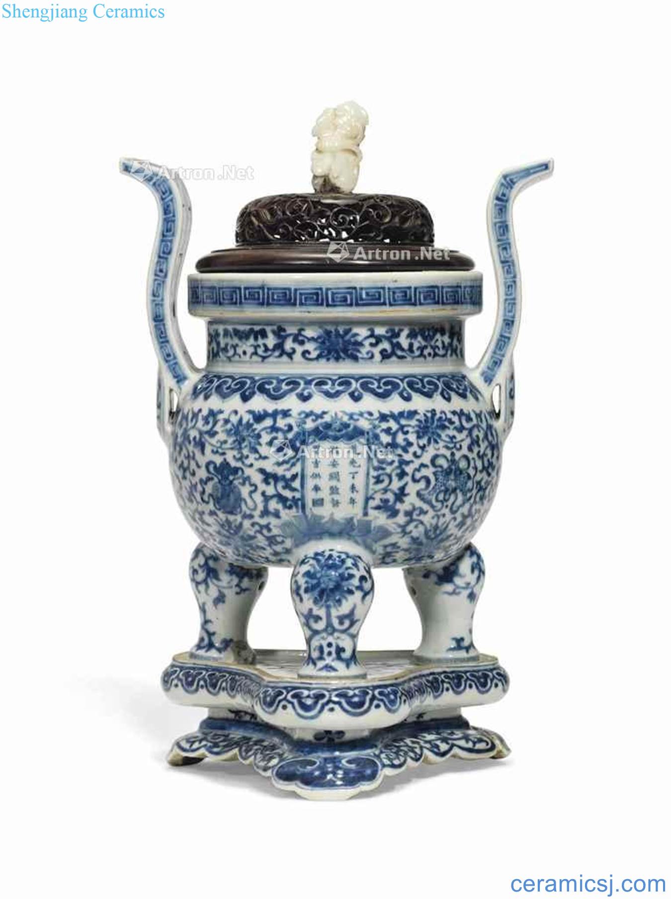 About 1847 years for A DATED BLUE AND WHITE 'BAJIXIANG TRIPOD CENSER AND STAND