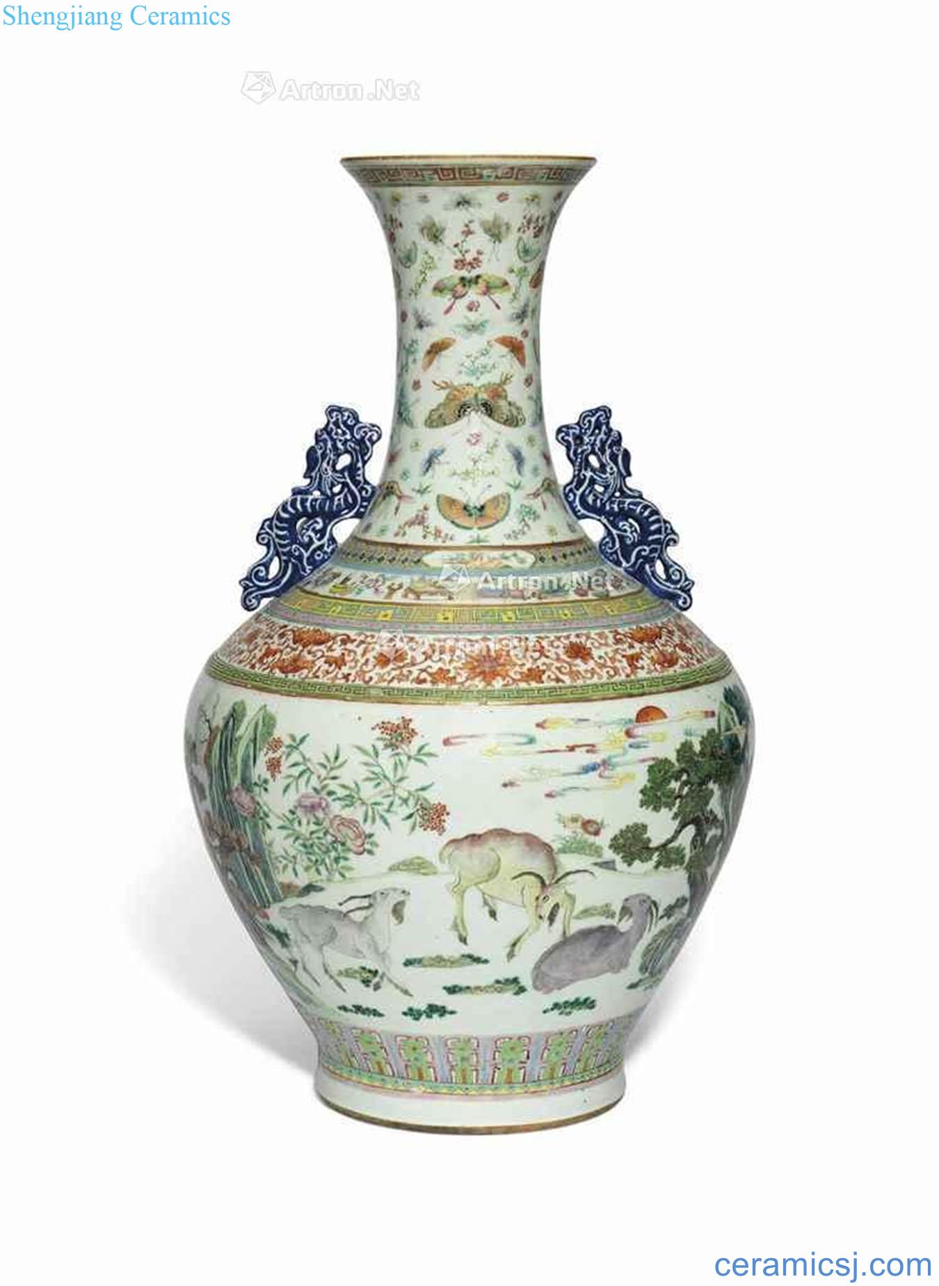 In the 19th century A LARGE FAMILLE ROSE 'RAMS' VASE