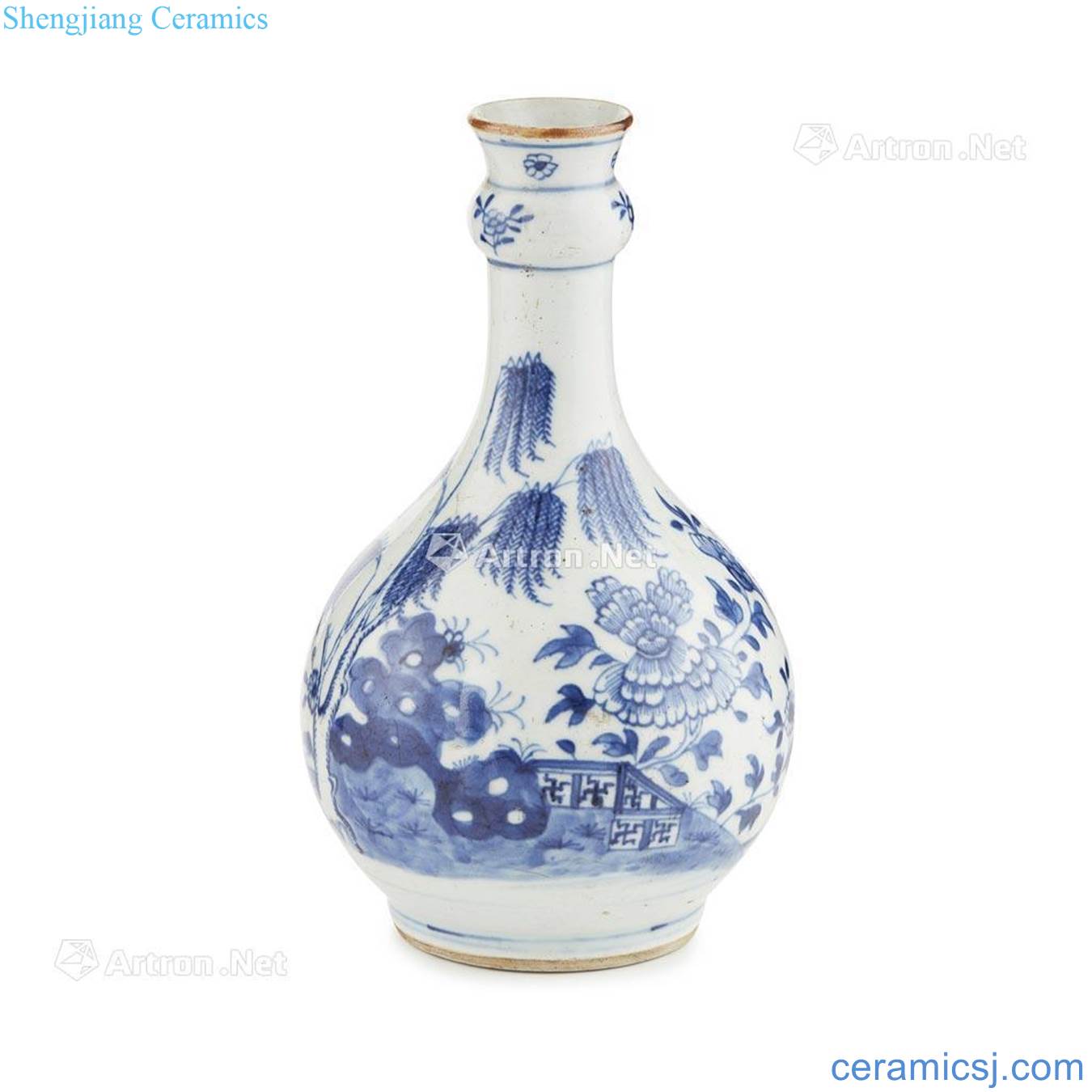 The QING DYNASTY, 18 th CENTURY BLUE AND WHITE GARLIC - NECK BOTTLE VASE