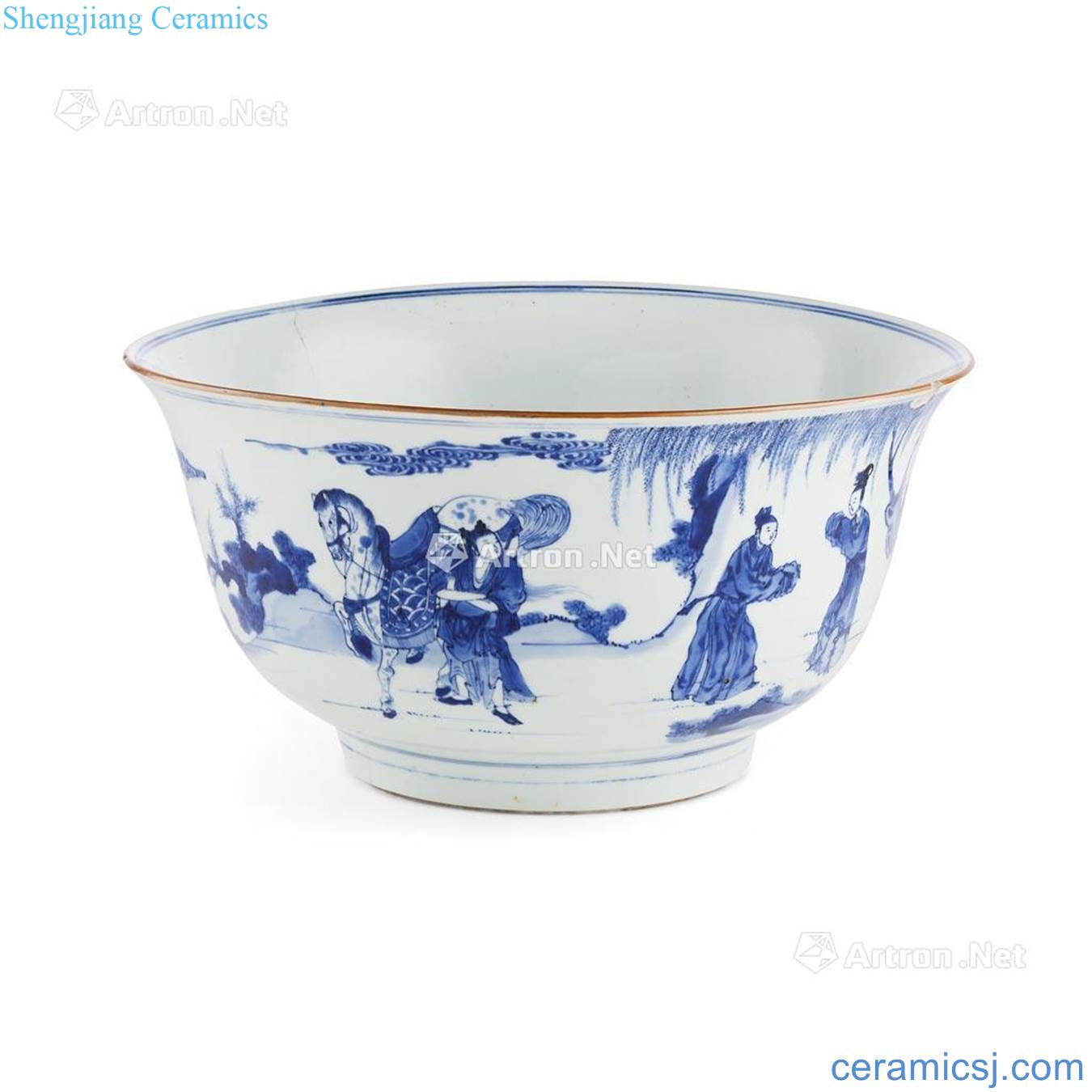 KANGXI PERIOD BLUE AND WHITE 'THE ELOPEMENT OF HONG FU' PUNCH BOWL