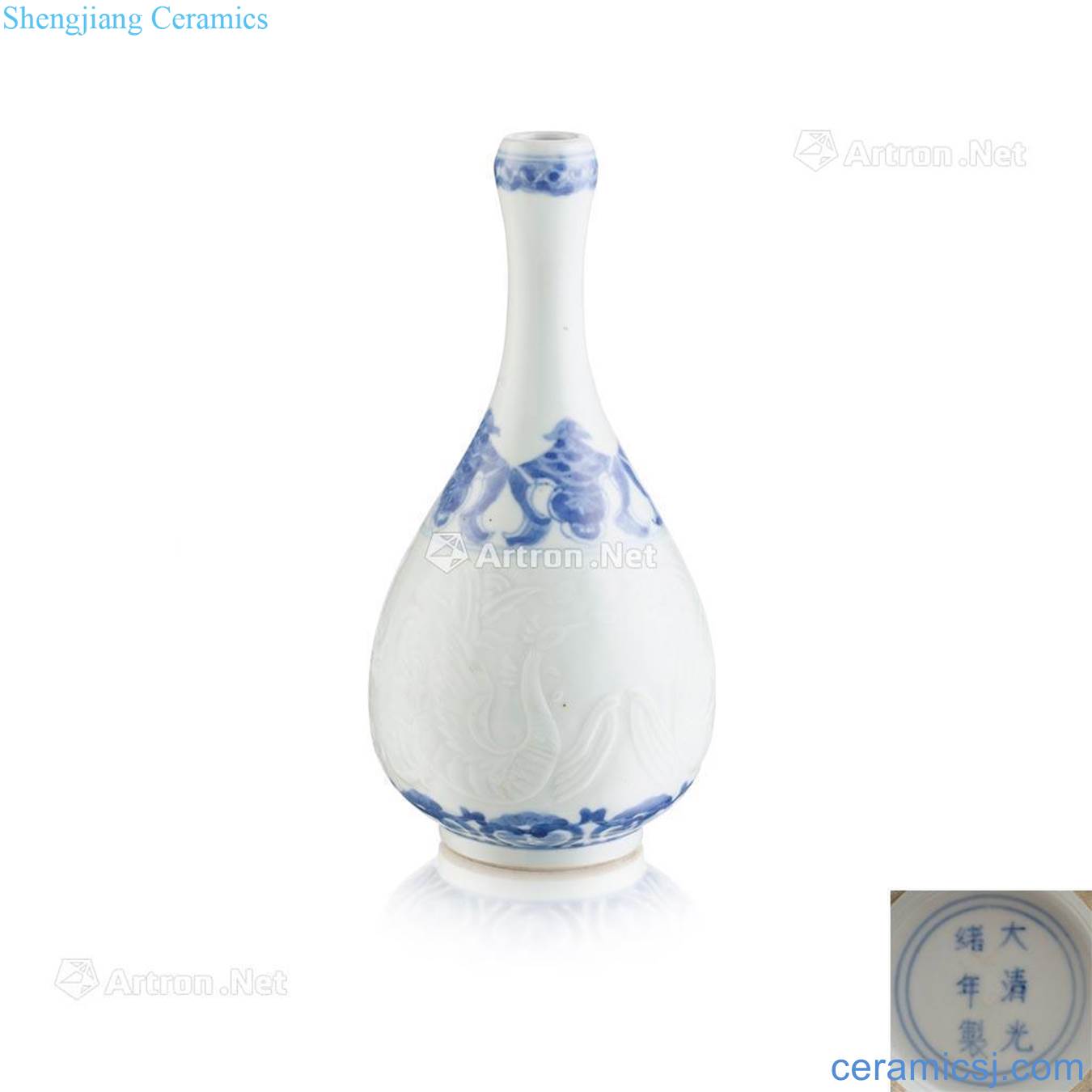 GUANGXU MARK AND POSSIBLY OF THE PERIOD CARVED BLUE AND WHITE "PHOENIX" BOTTLE VASE