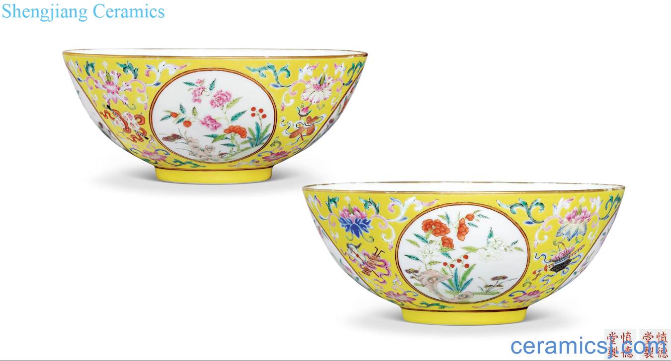 Qing daoguang Yellow powder enamel dark to the eight immortals medallion four seasons flower grain big bowl (a)