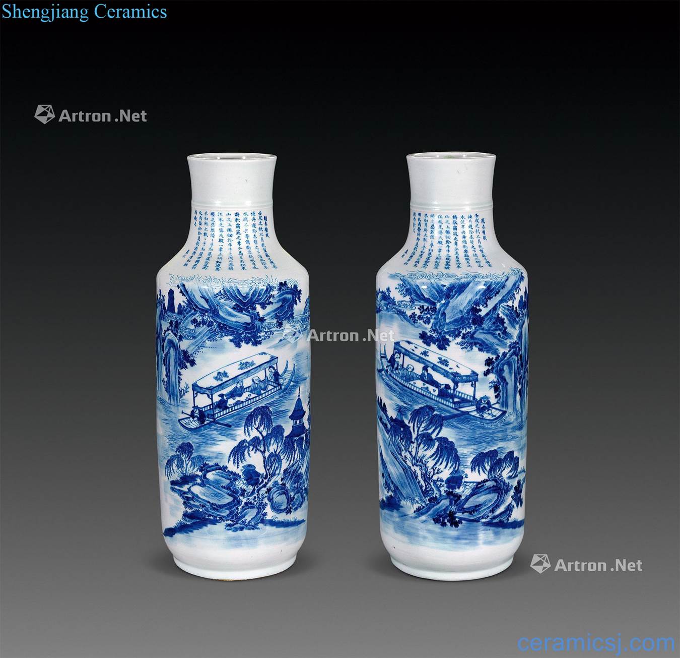 light Blue and white landscape character chibi fu large bottle (a)