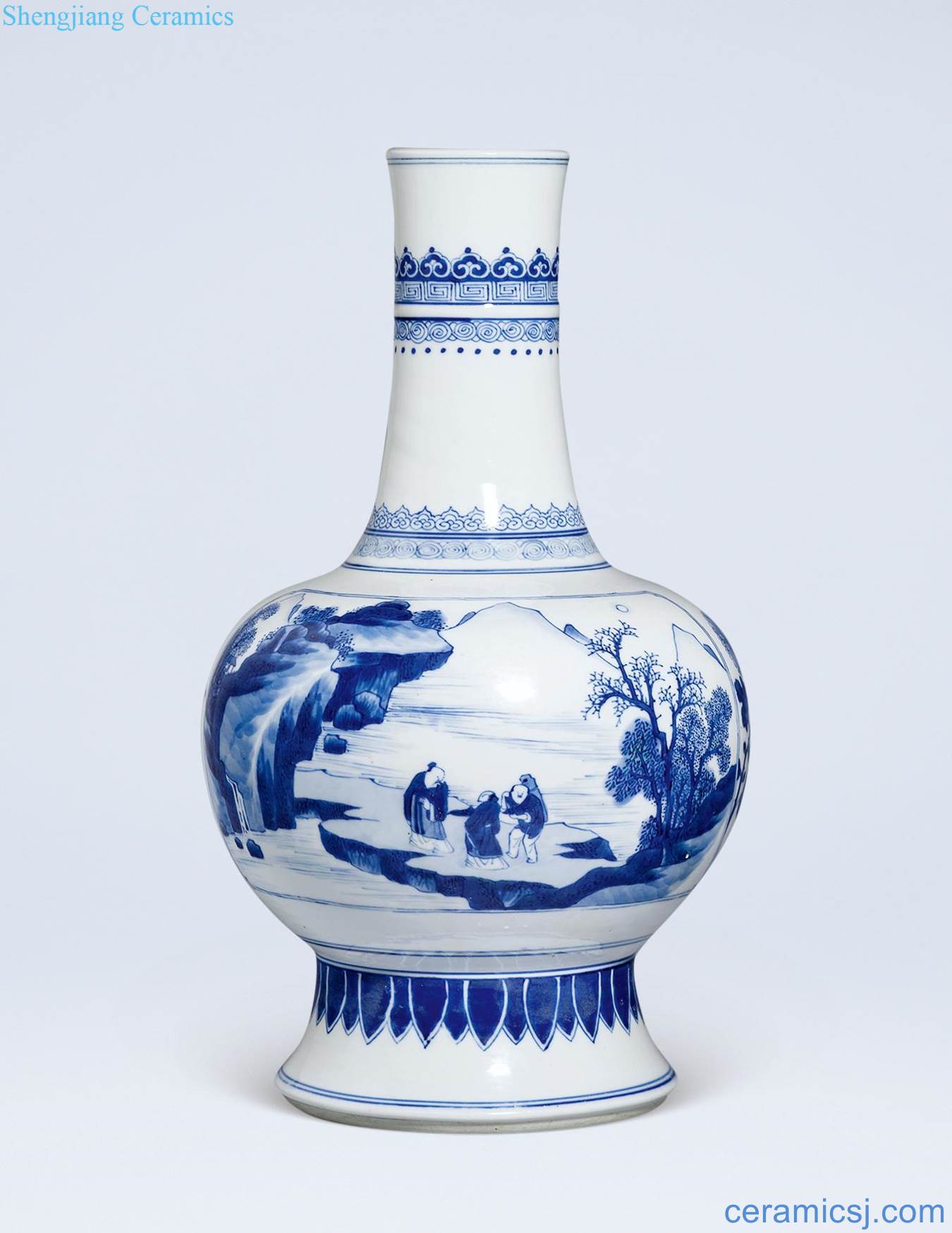 The qing emperor kangxi Blue and white landscape character lines the flask