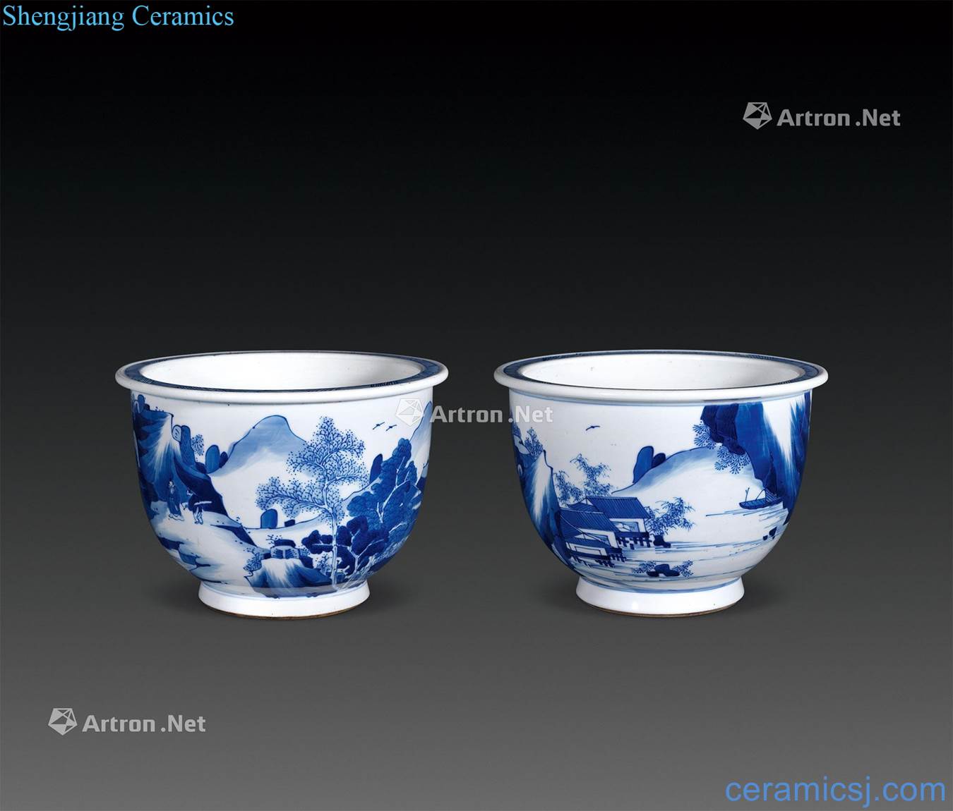 kangxi Blue and white landscape character flower pot (a)