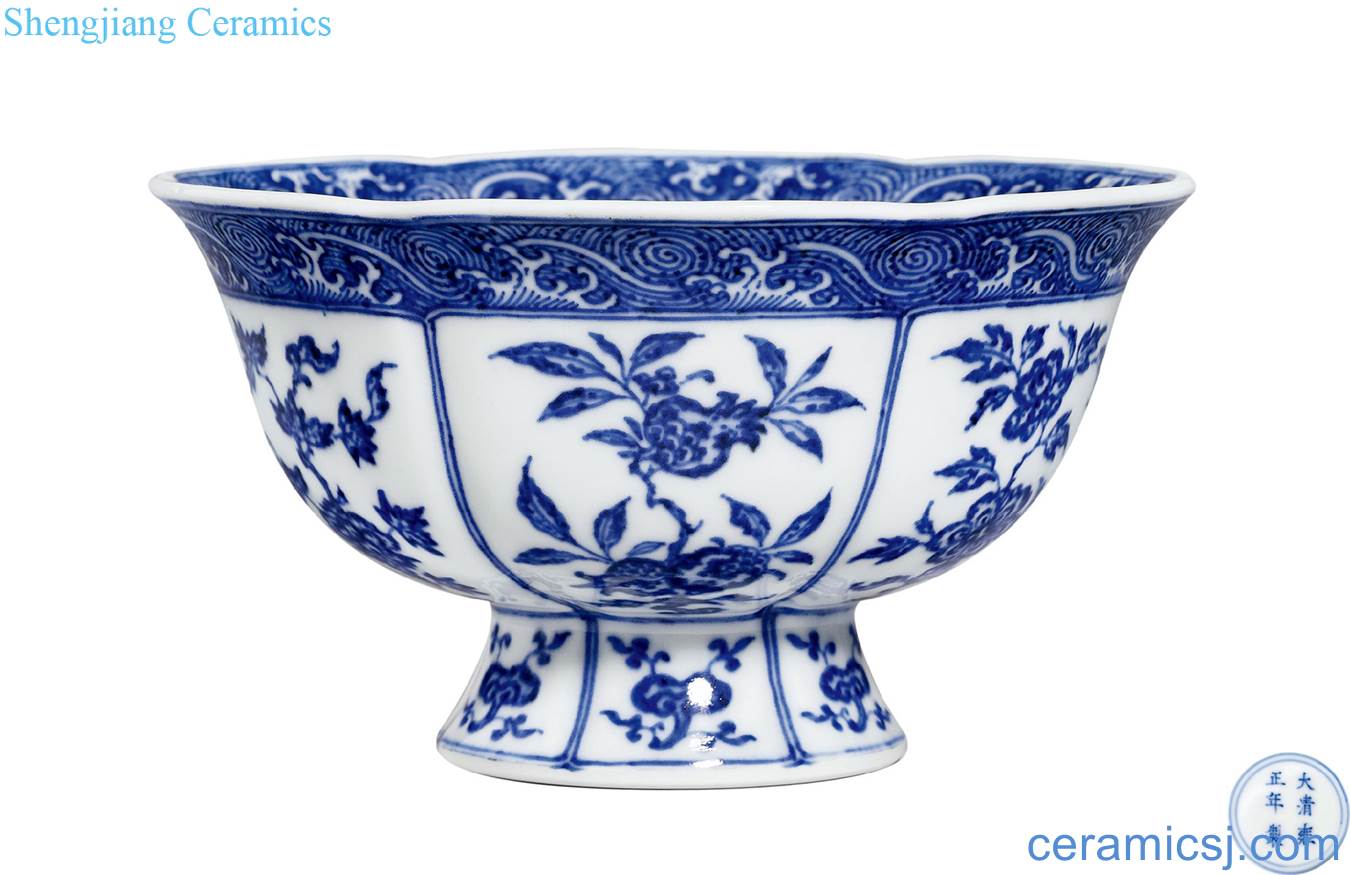 Qing yongzheng blue-and-white sanduo grain kwai footed bowl